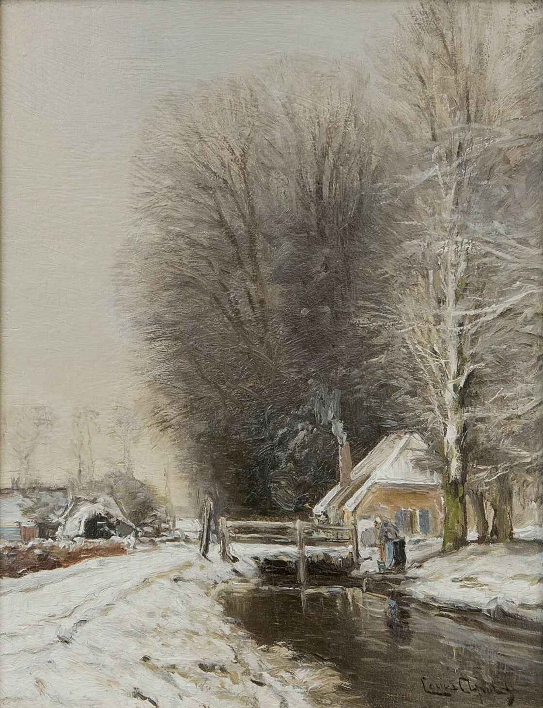 Louis Apol schliderij, Boerderij in sneeuwlandschap, te koop.: Boerderij in sneeuwlandschap