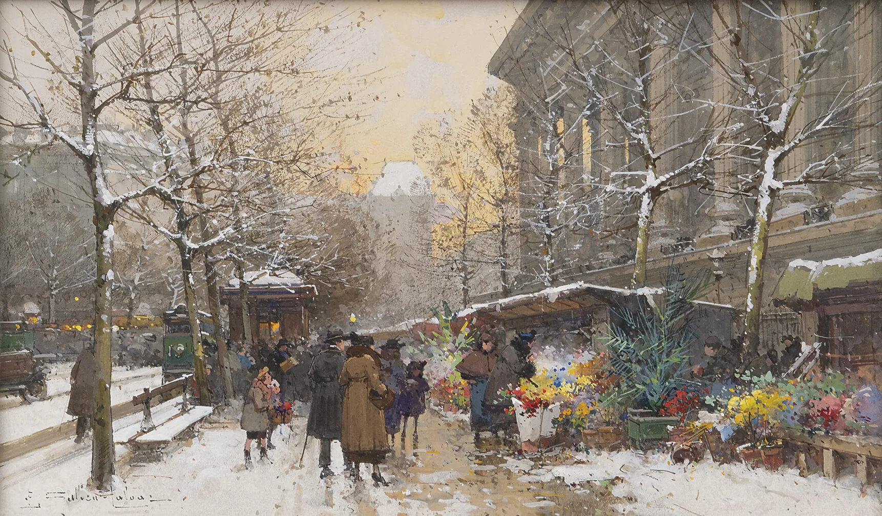 Eugène Galien-Laloue: Wandelen langs de bloemenkramen in Parijs