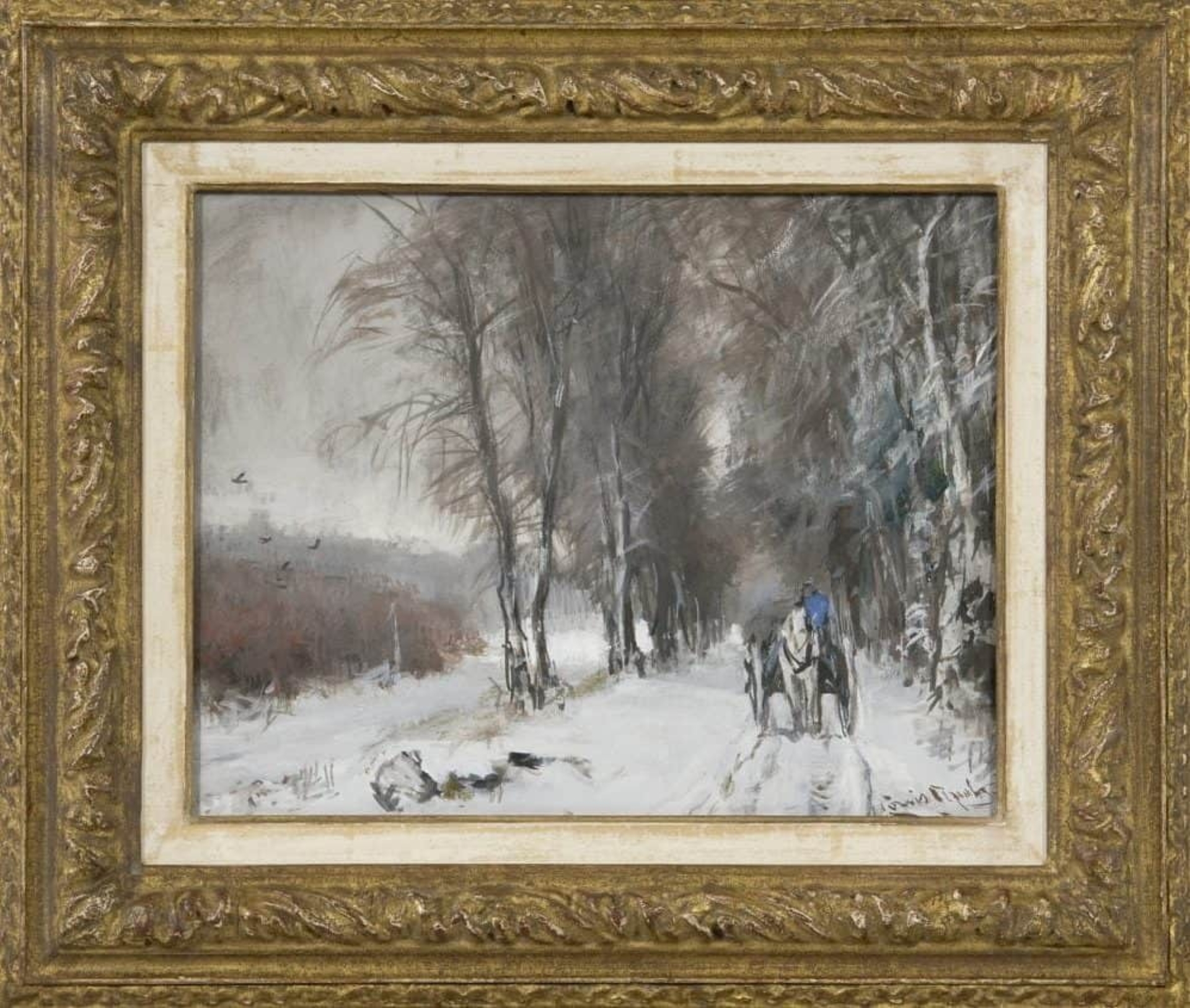Louis Apol: Besneeuwde laan met paard en wagen (in lijst)
