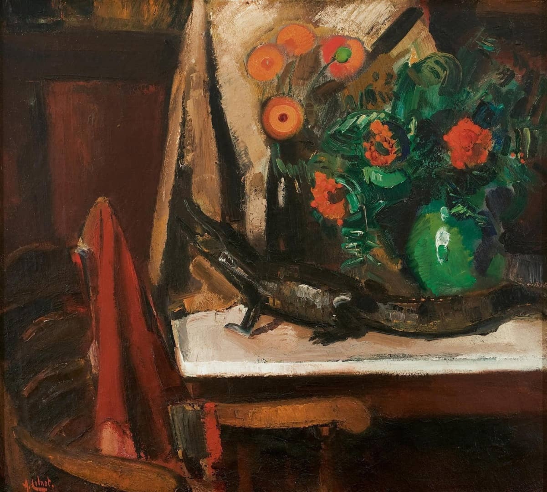Arnout Colnot: Still life with flowers and a crocodile