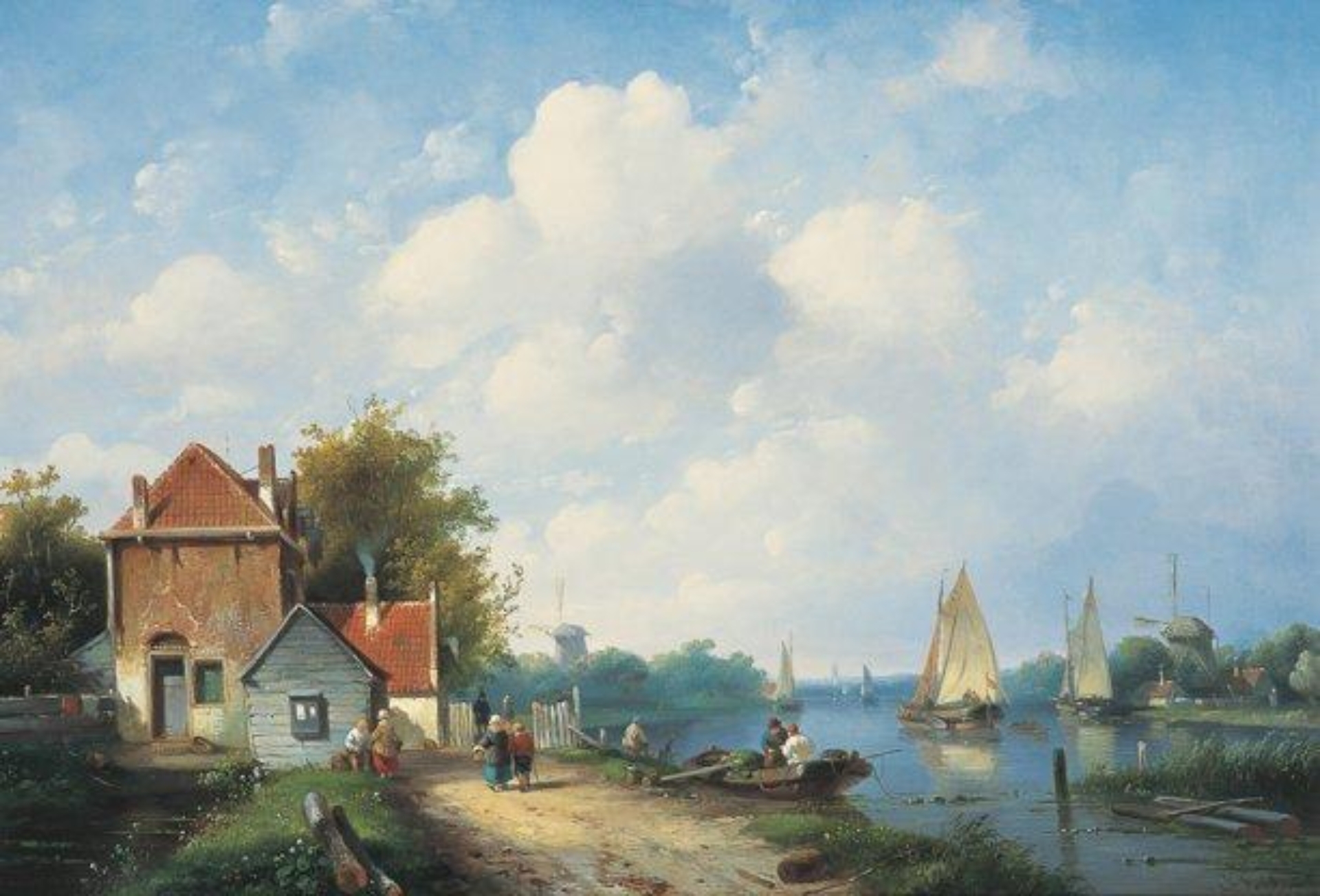 Charles Leickert: Bedrijvigheid langs een vaart tijdens een zomerse dag