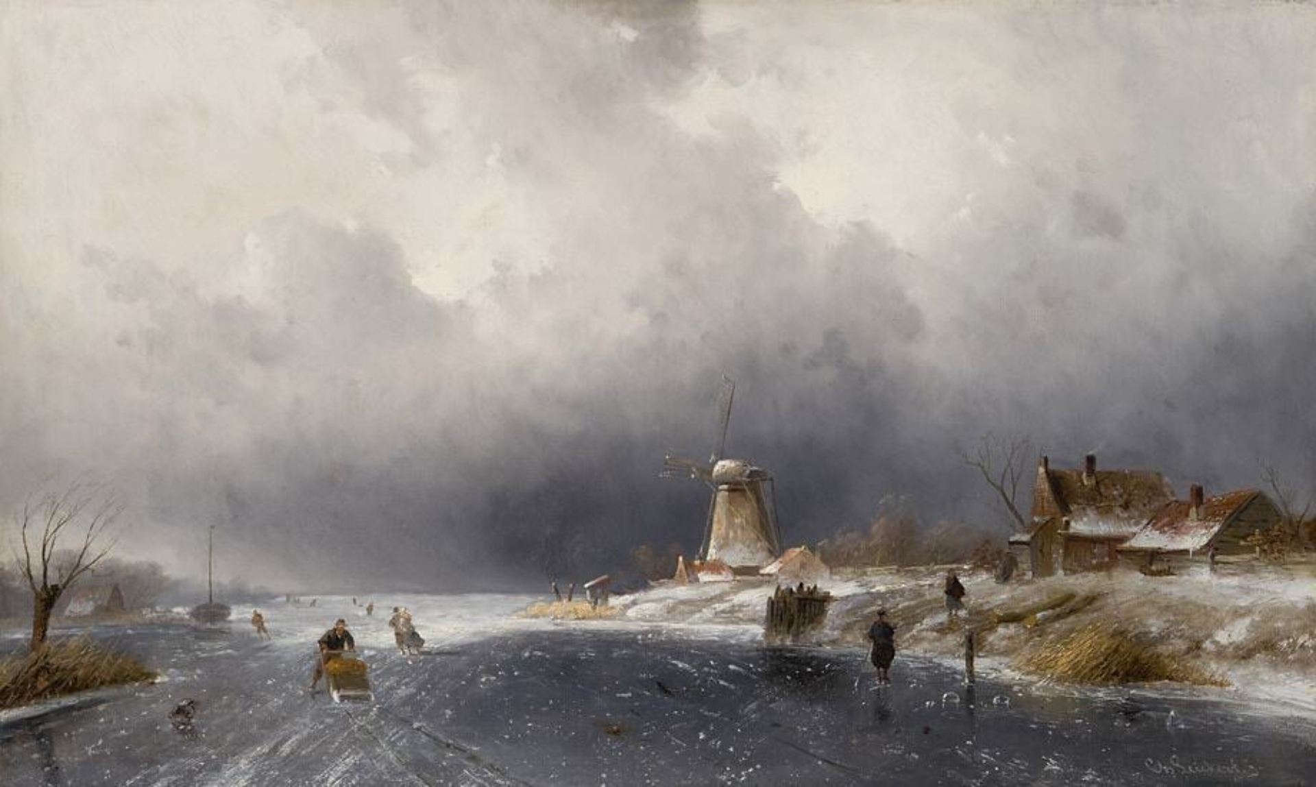 Charles Leickert: Bevroren vaart met molen op de achtergrond