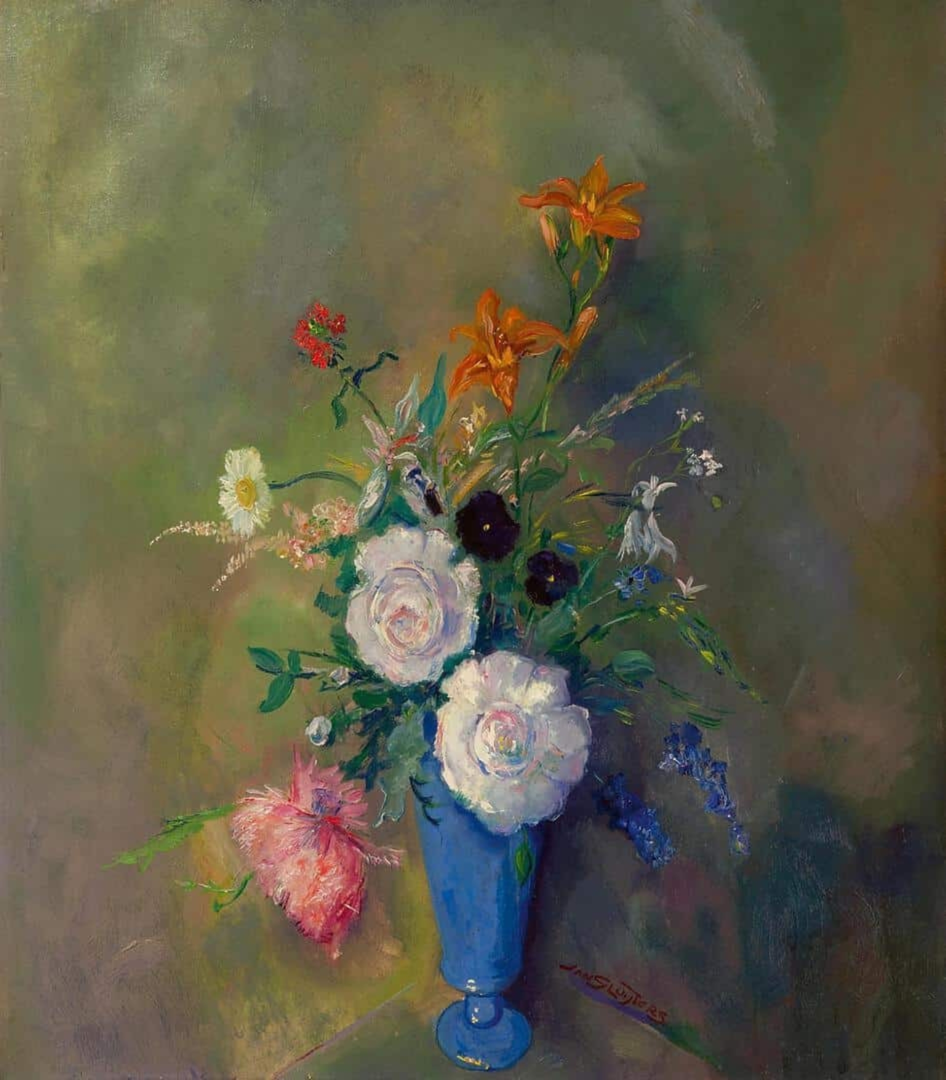 Jan Sluijters: Blauwe vaas met kleurrijke bloemen