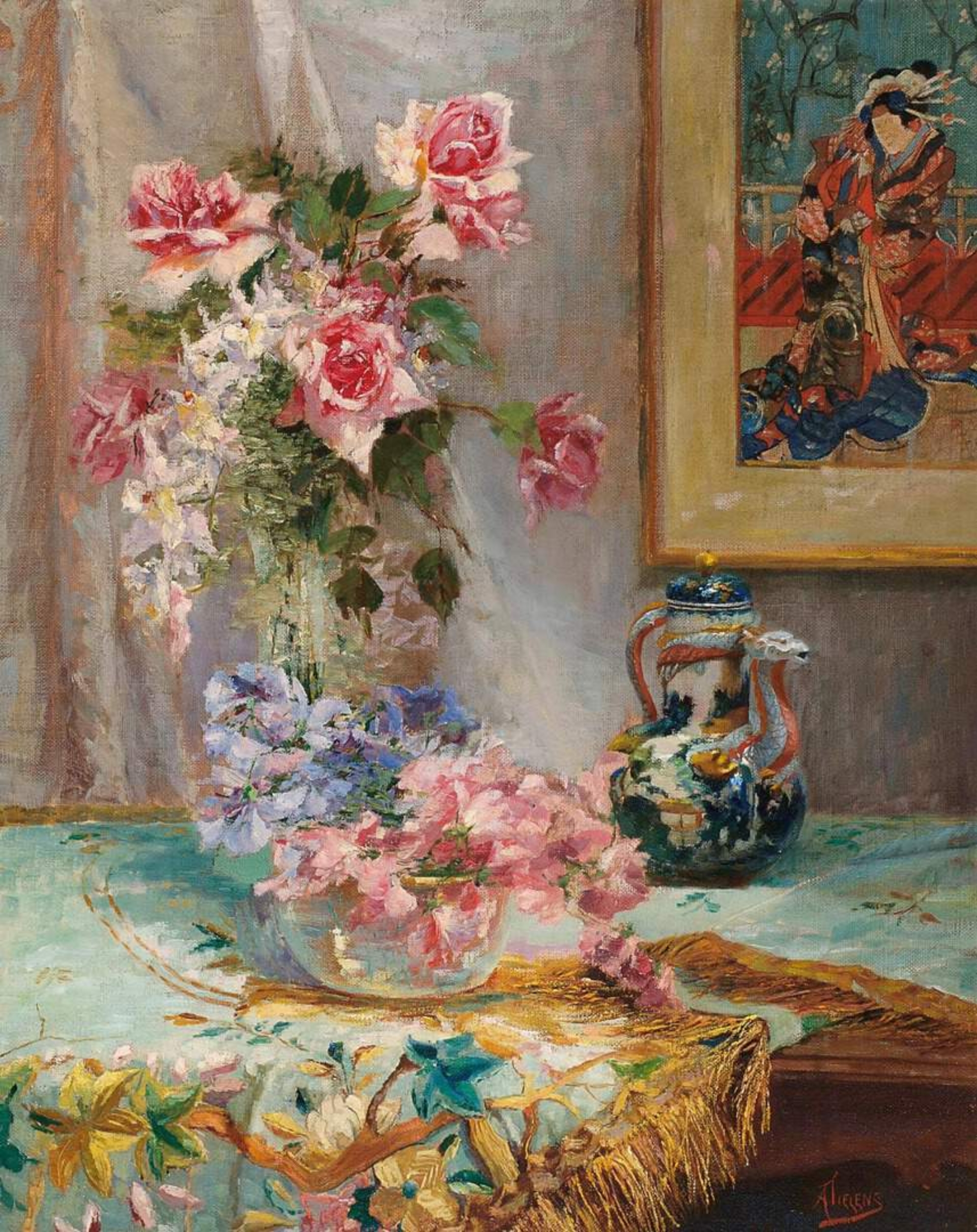 Alexander Tielens: Bloemen in een glazen vaas met op de achtergrond een Japanse prent
