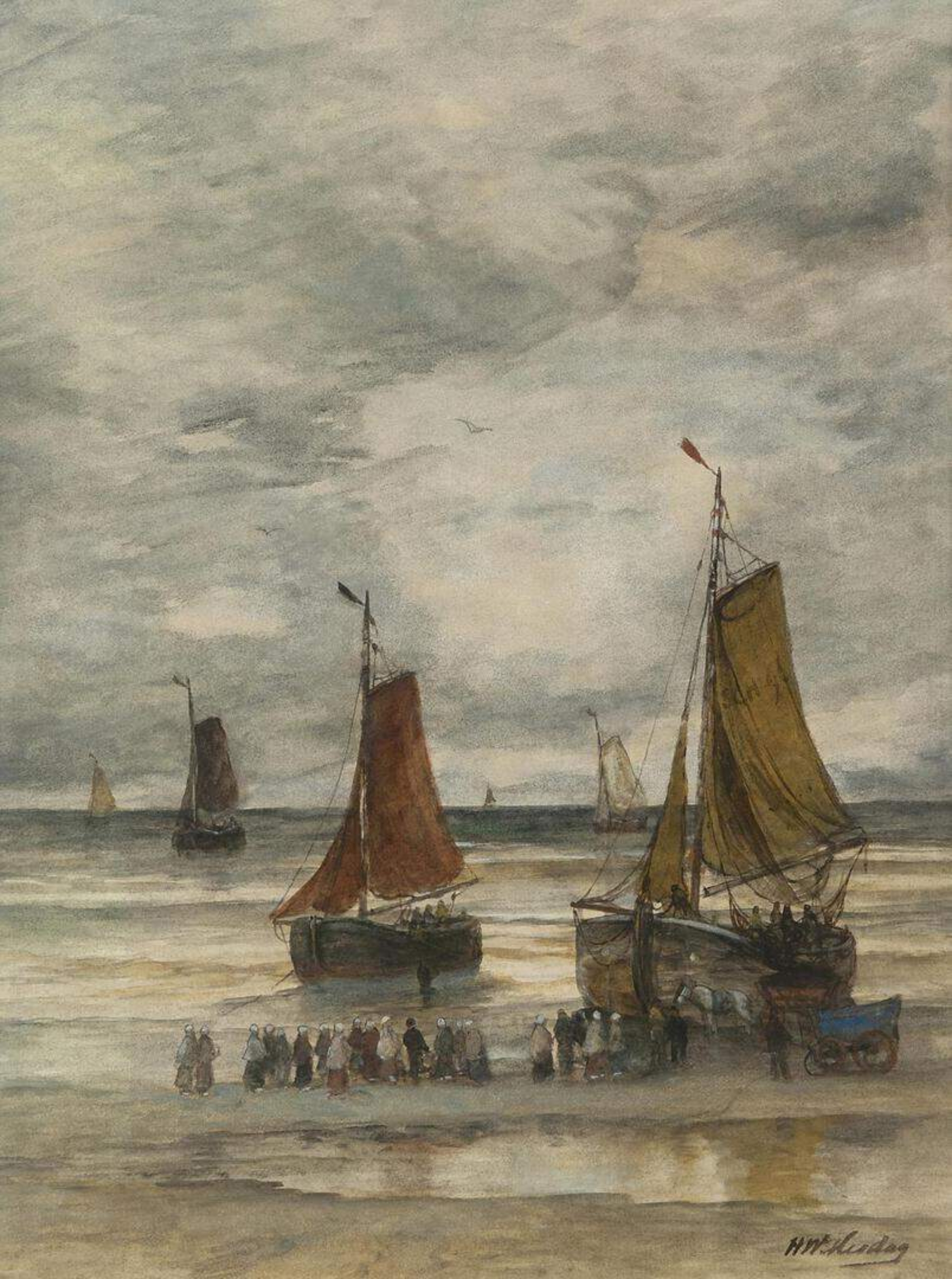 Hendrik Willem Mesdag: Bomschuiten en vissersvolk op het strand