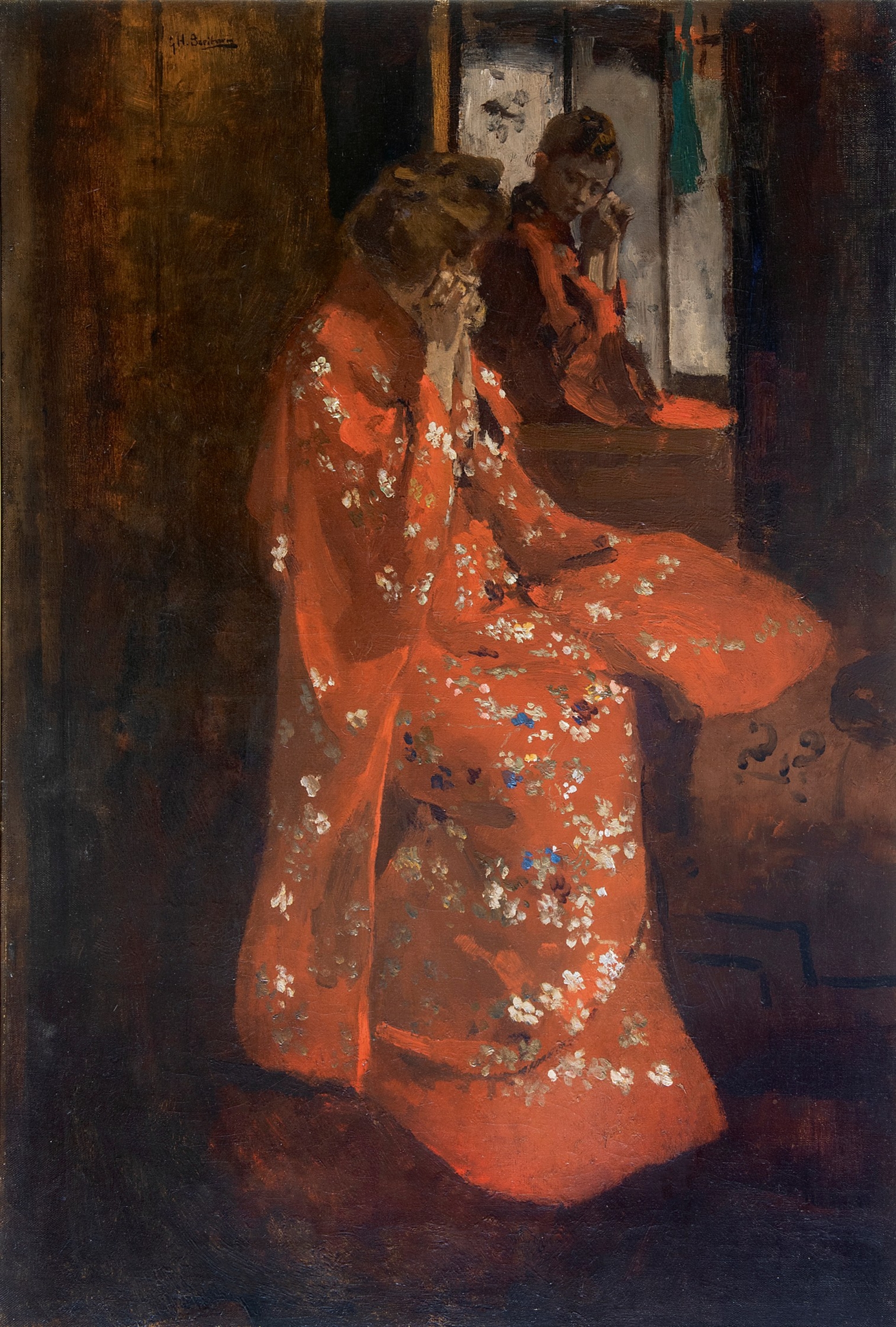 George Hendrik Breitner: Meisje in rode kimono voor een spiegel
