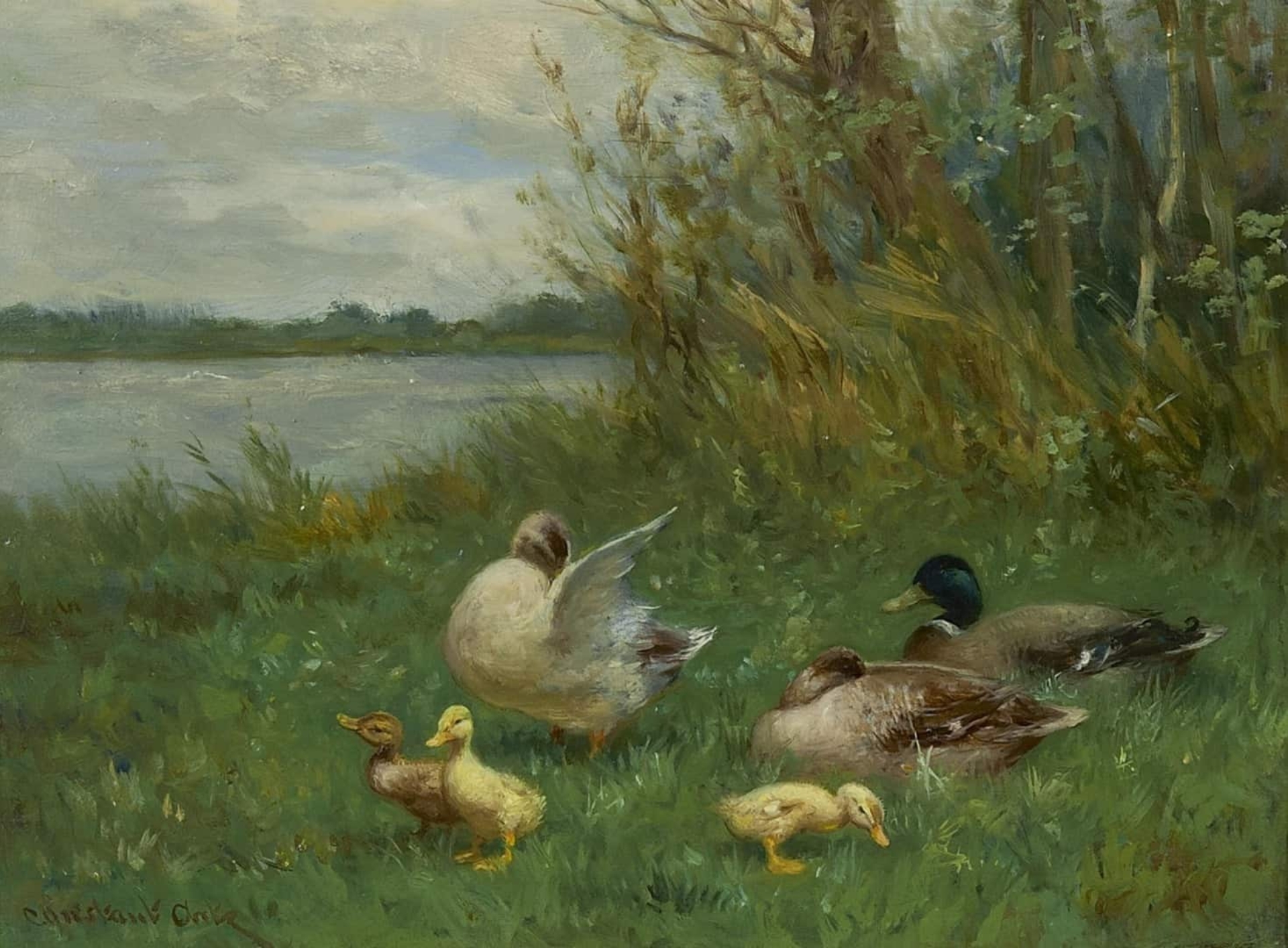 Constant Artz: Eendenfamilie bij de waterkant