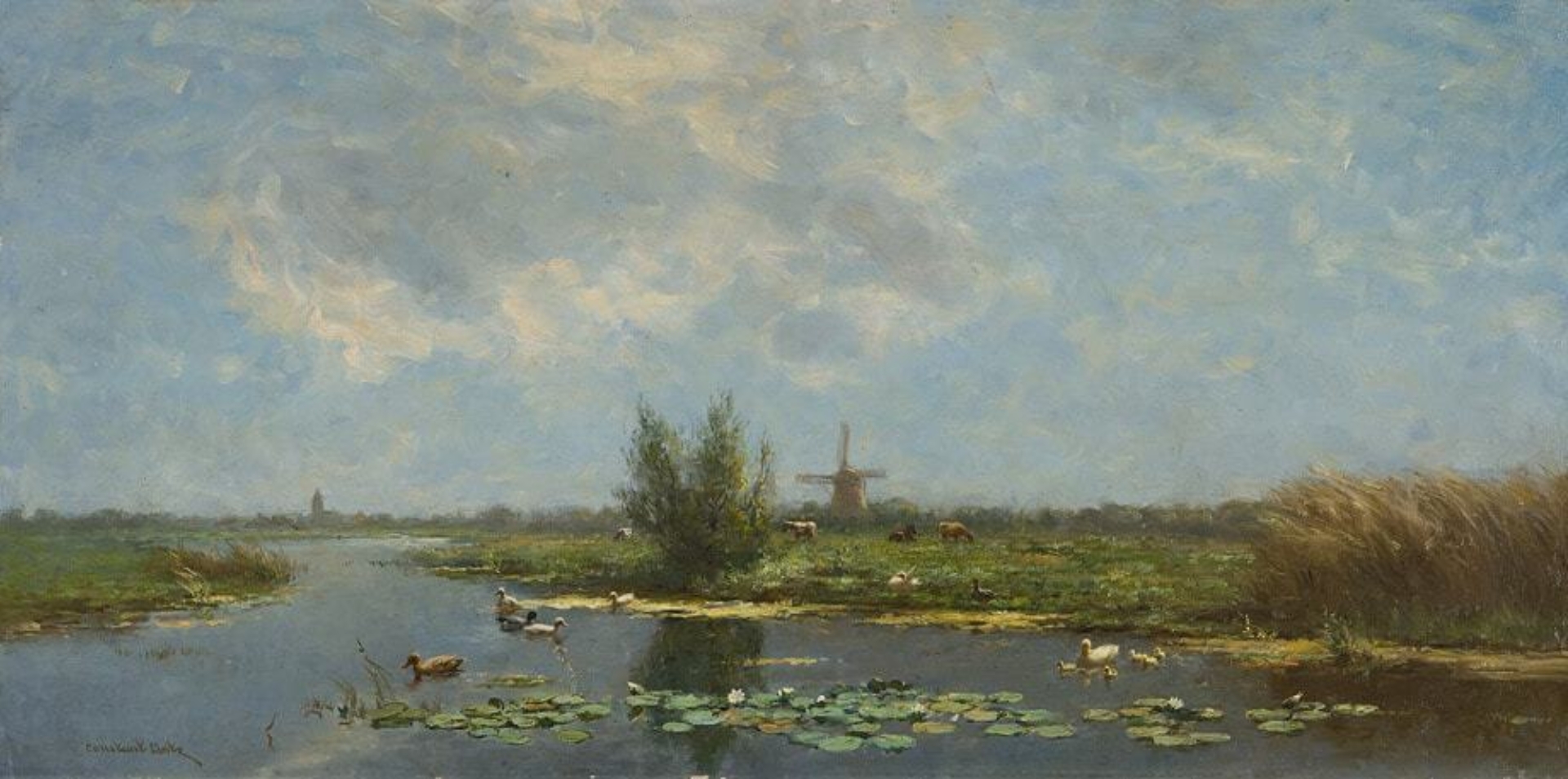 Constant Artz: Hollands polderlandschap met eenden