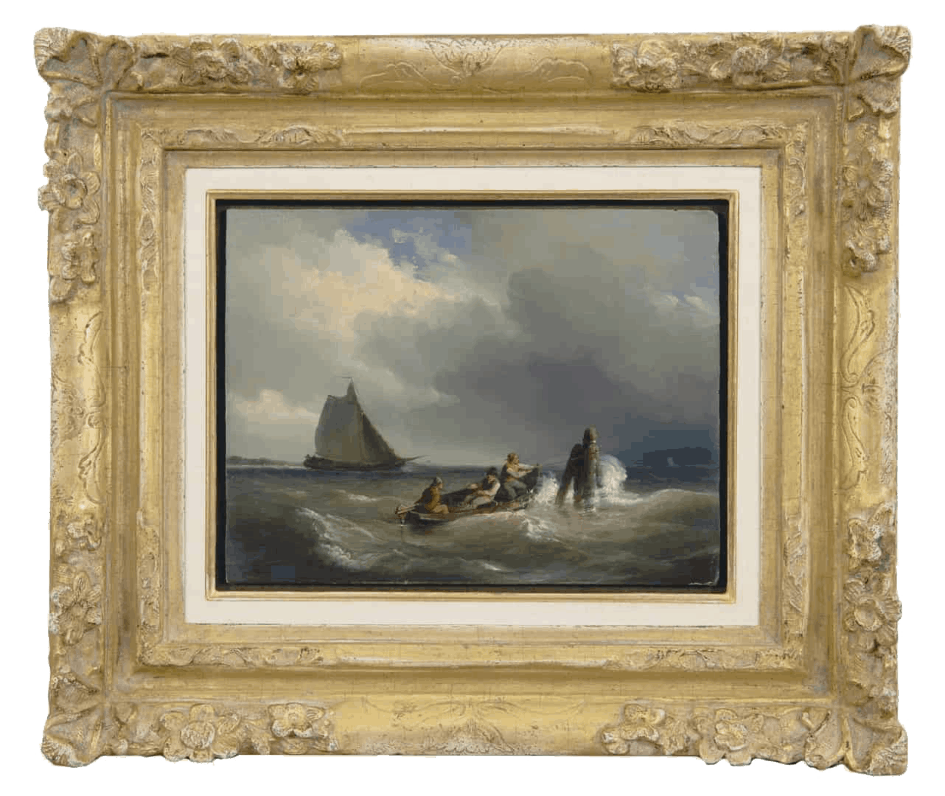 Cornelis Springer: Figuren in een roeiboot op woelig water (in lijst)