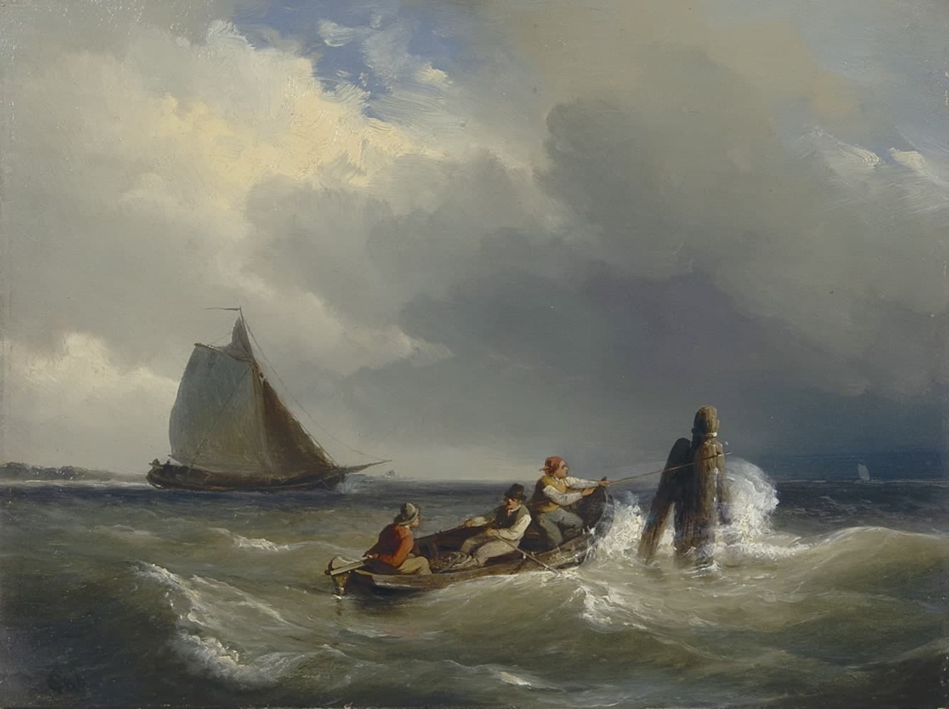 Cornelis Springer: Figuren in een roeiboot op woelig water