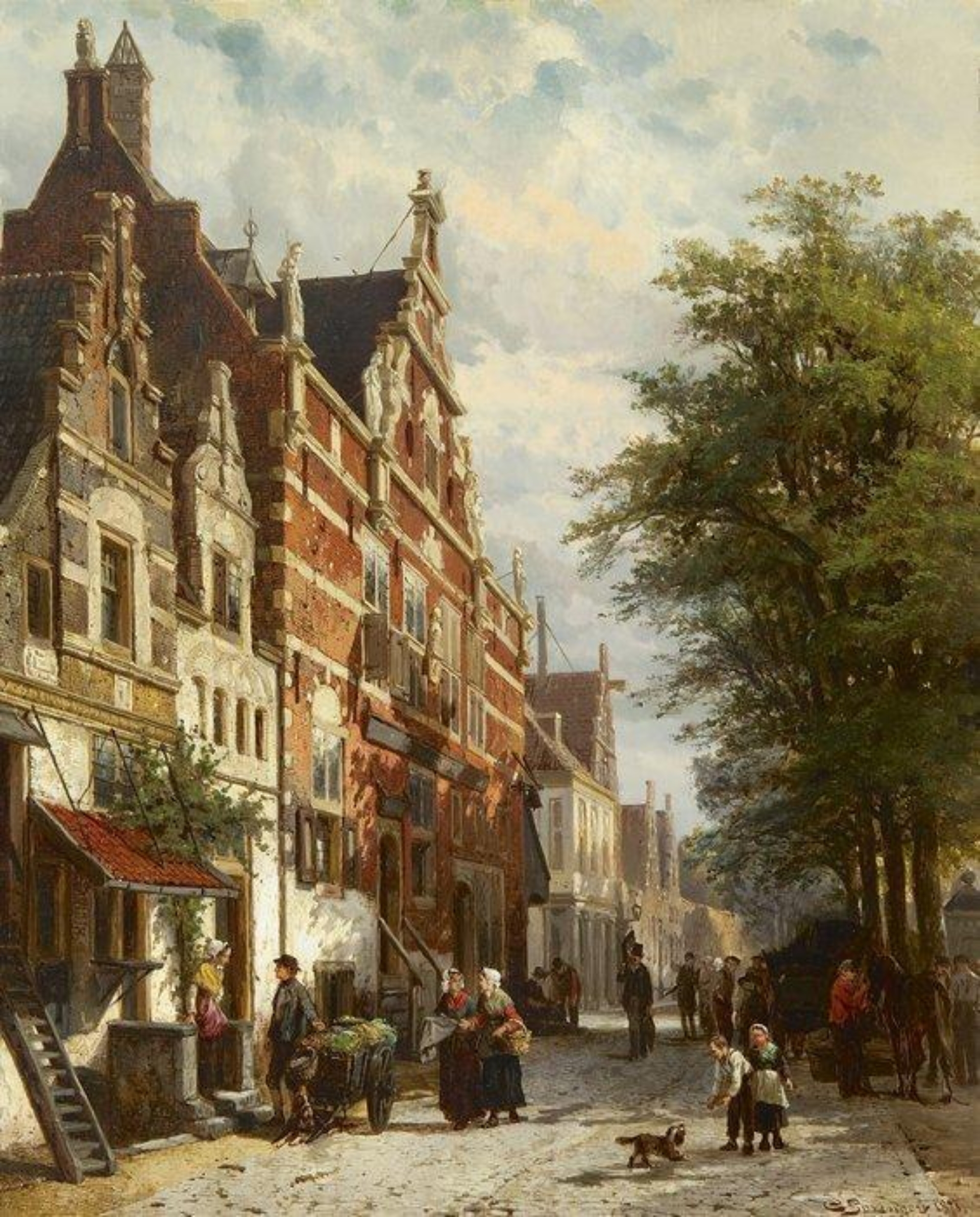 Cornelis Springer: De Kaasmarkt in Enkhuizen met de Waag, bij zomer