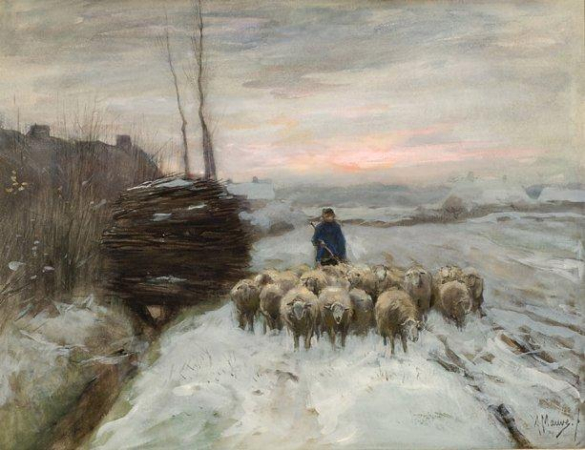Anton Mauve: Een boer met zijn kudde schapen in een winters landschap