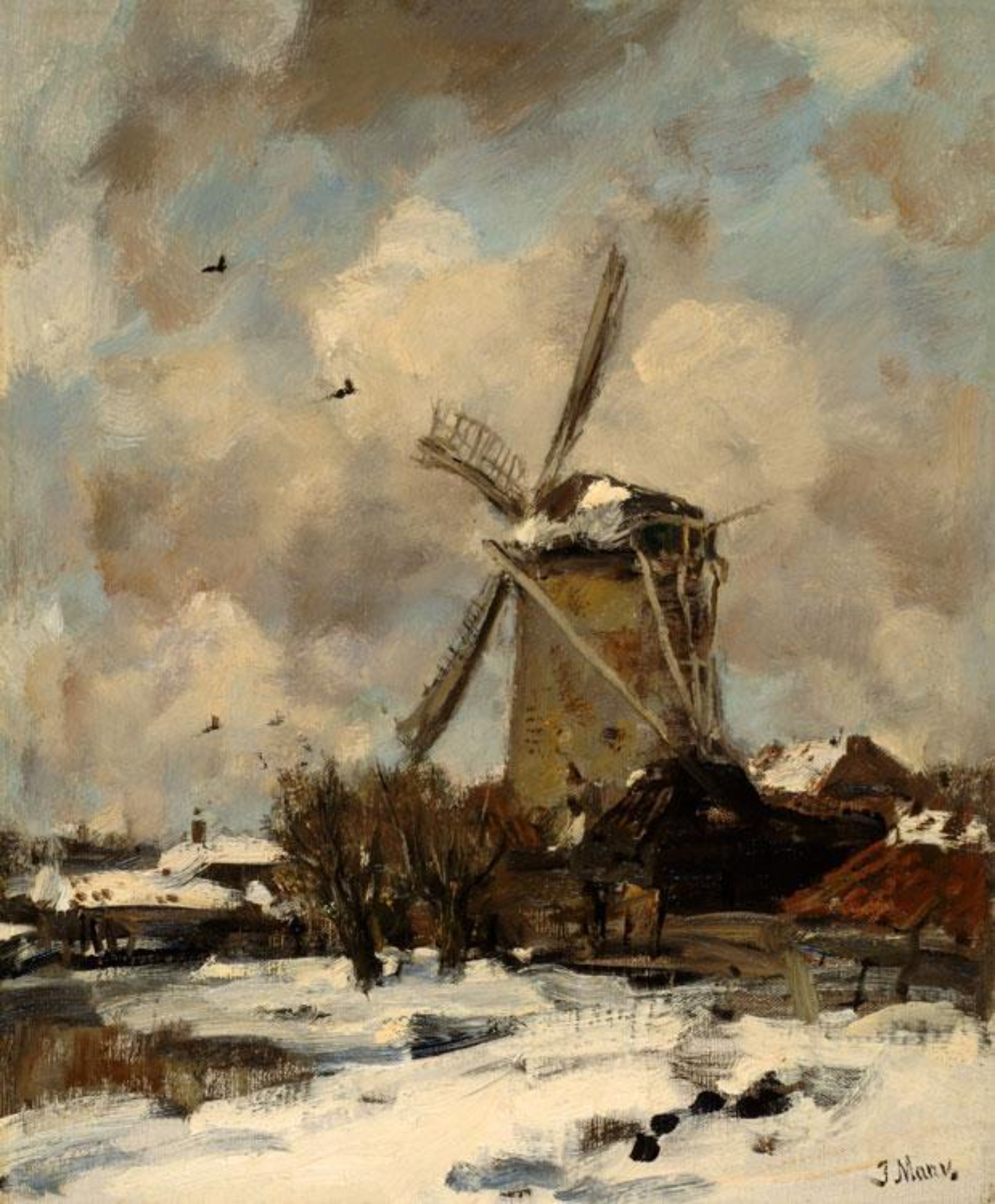 Jacob Maris: Een molen in winterse sneeuw
