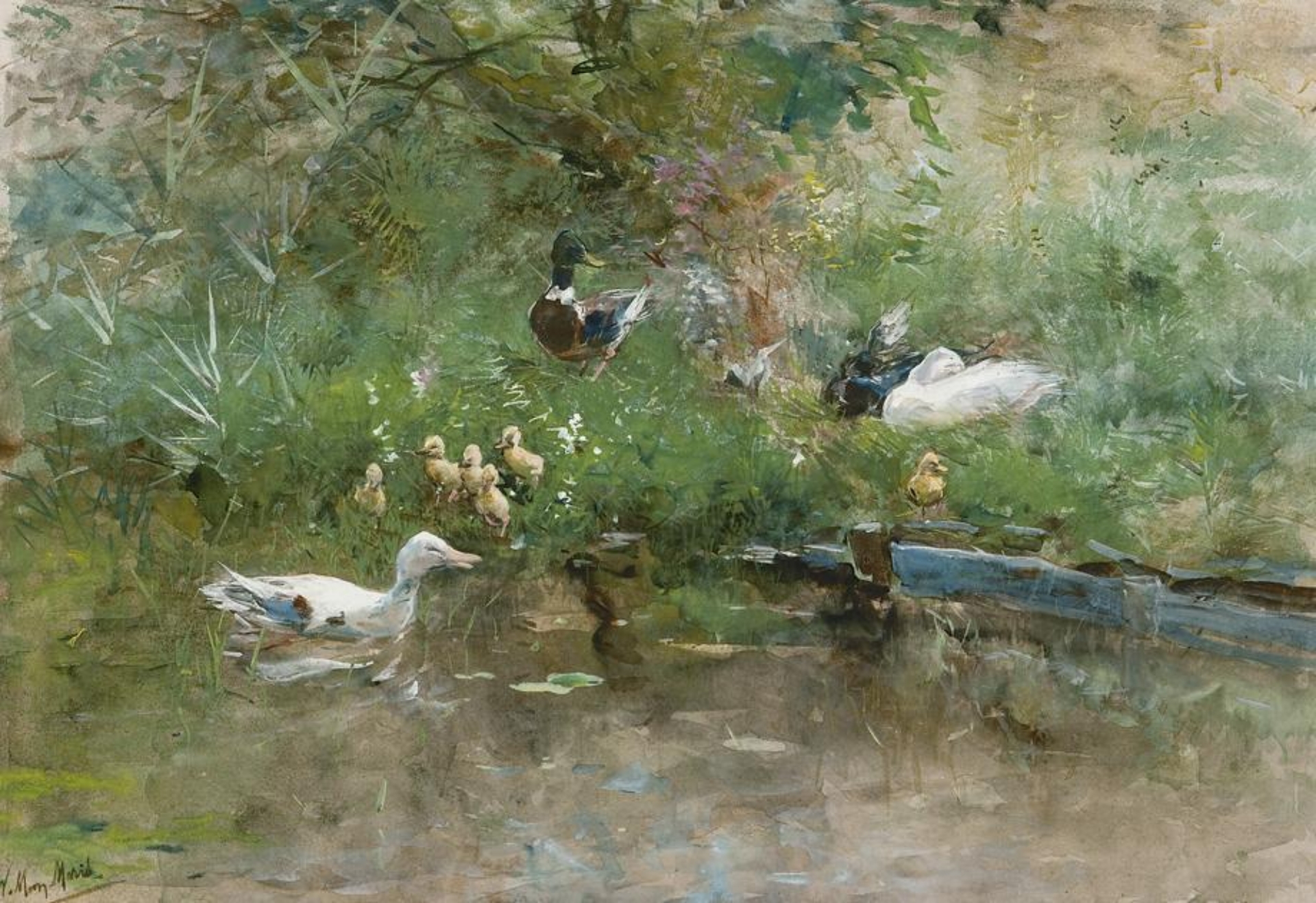 Willem Maris: Eendenfamilie aan de waterkant