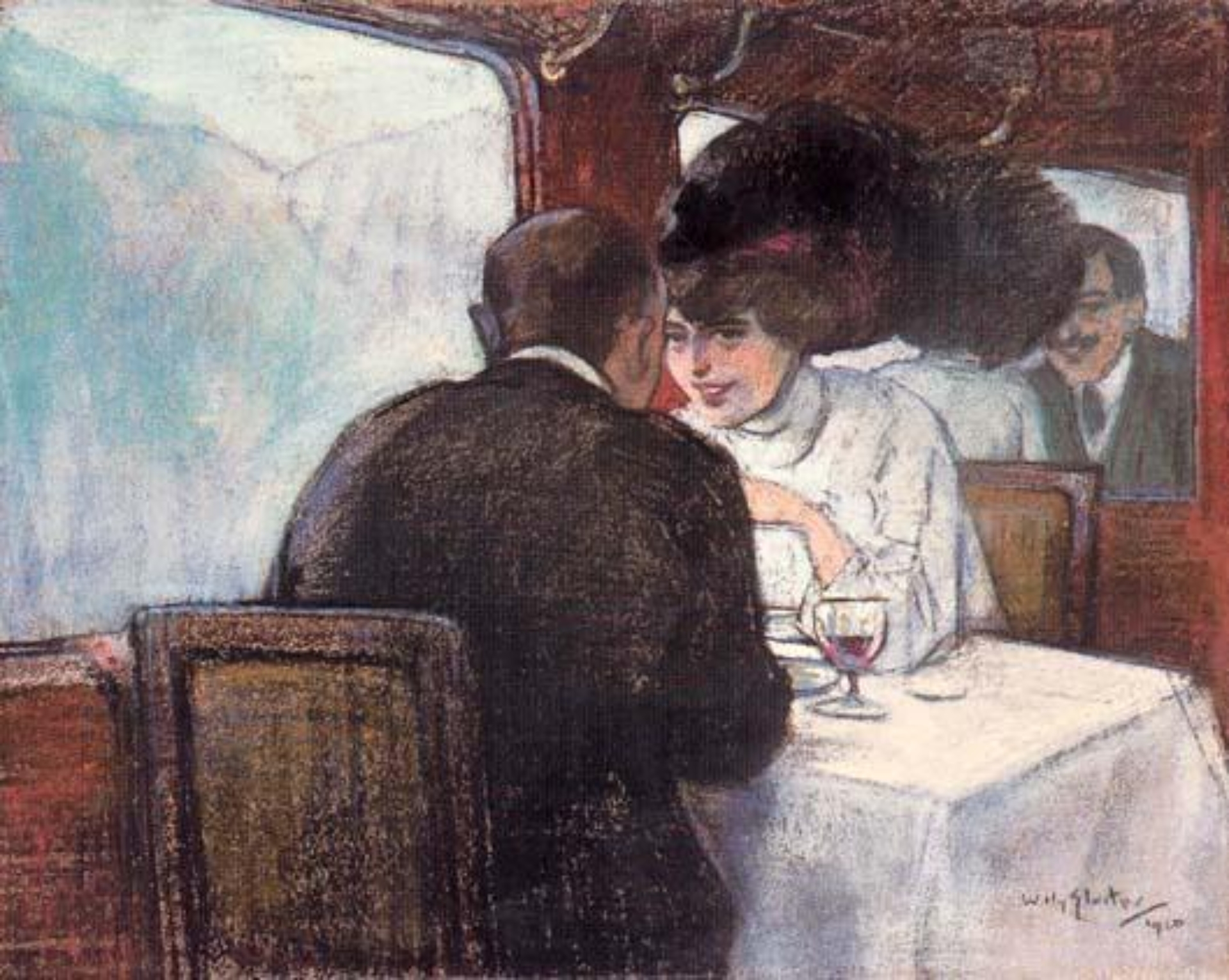 Willy Sluiter: Elegant paar dinerend in een treincoupé