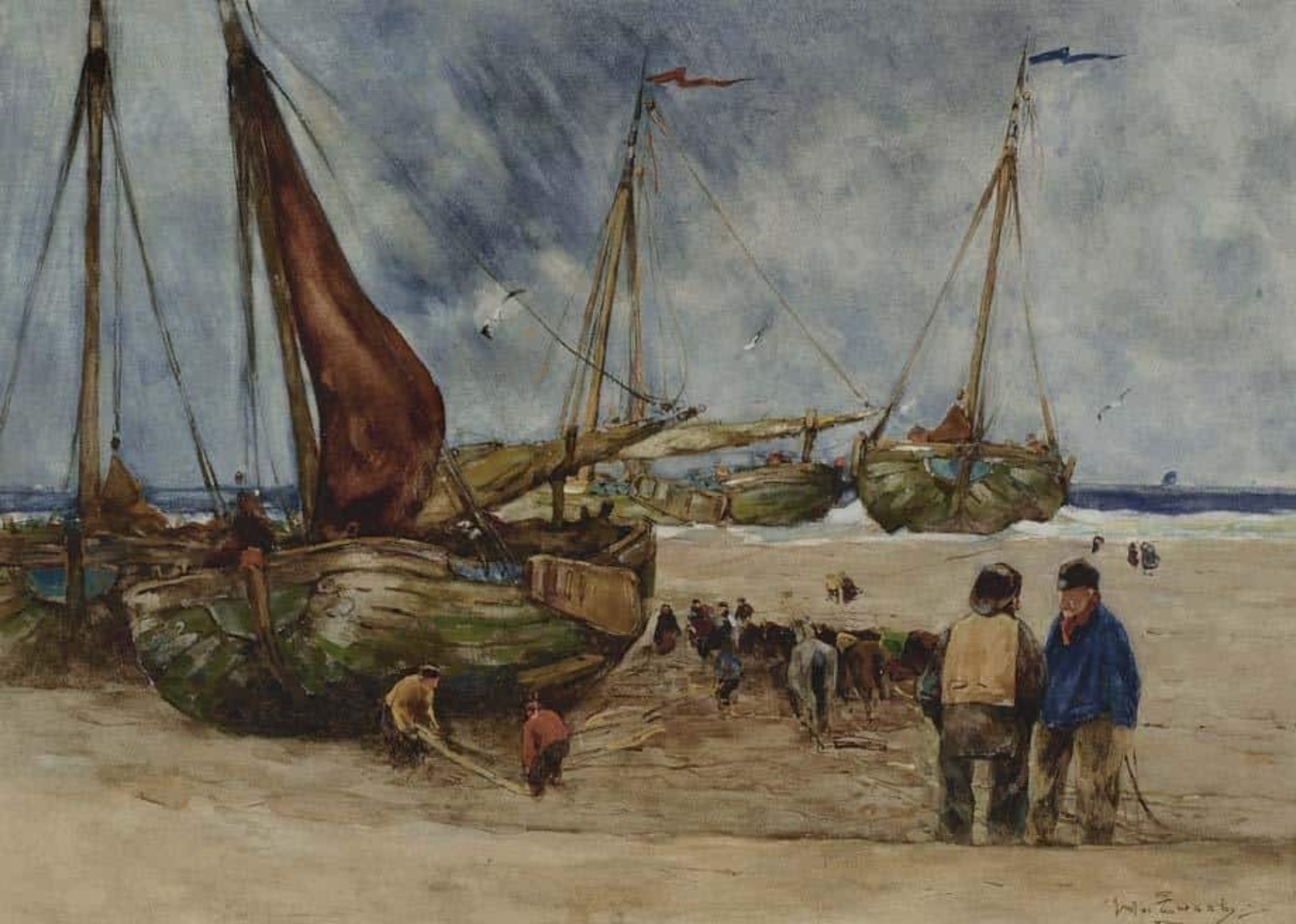 Willem de Zwart: Figuren en bomschuiten op het strand