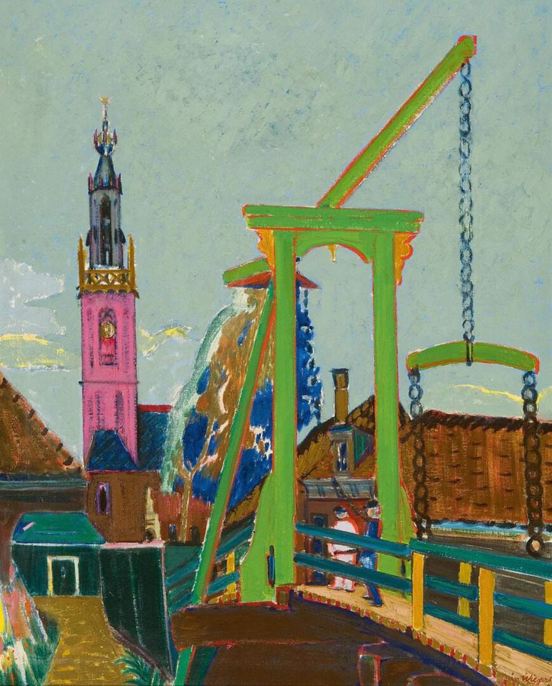 Jan Wiegers: Figuren op de Kwakelbrug met zicht op de Speeltoren te Edam