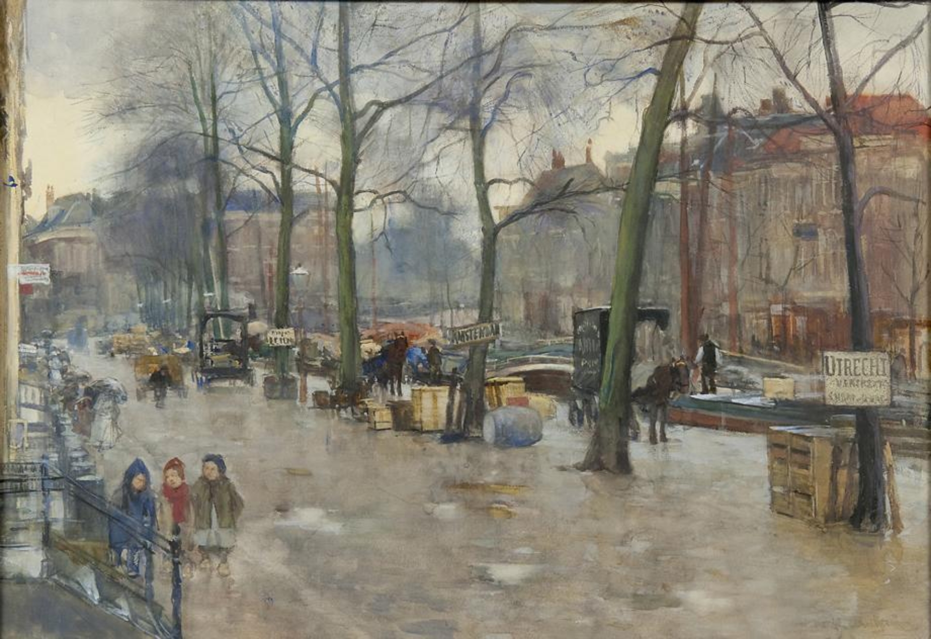 Floris Arntzenius: Gezicht op de Bierkade te Den Haag met vrachtschepen uit Utrecht, Amsterdam en Leiden