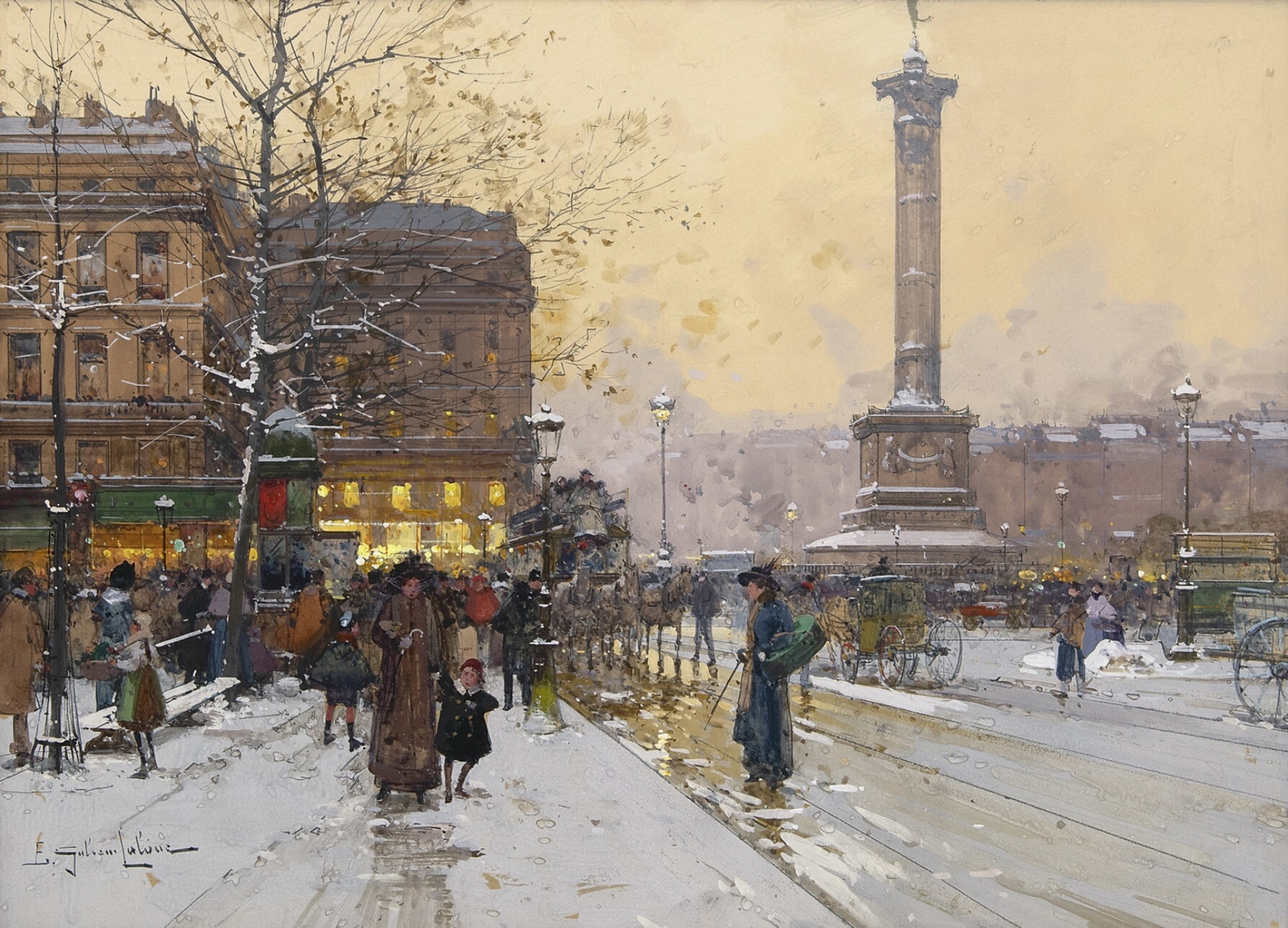 Eugène Galien-Laloue: Gezicht op Place de la Bastille in Parijs
