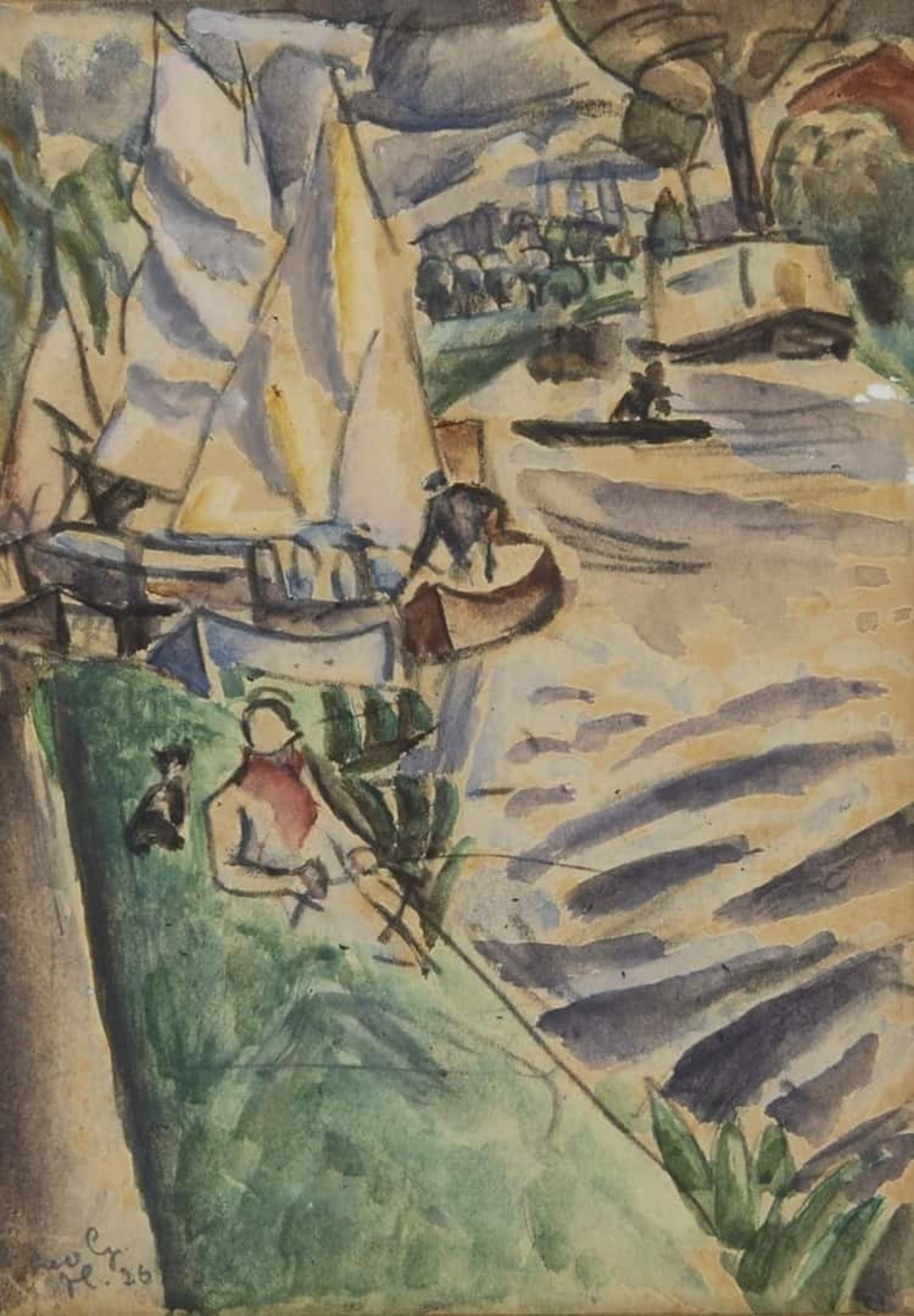 Leo Gestel: Zomers riviergezicht met zeilboten en visser