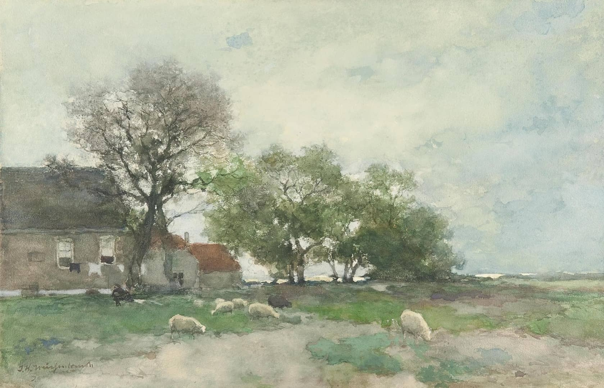 Hendrik Johannes Weissenbruch: Grazende schapen bij een boerderij