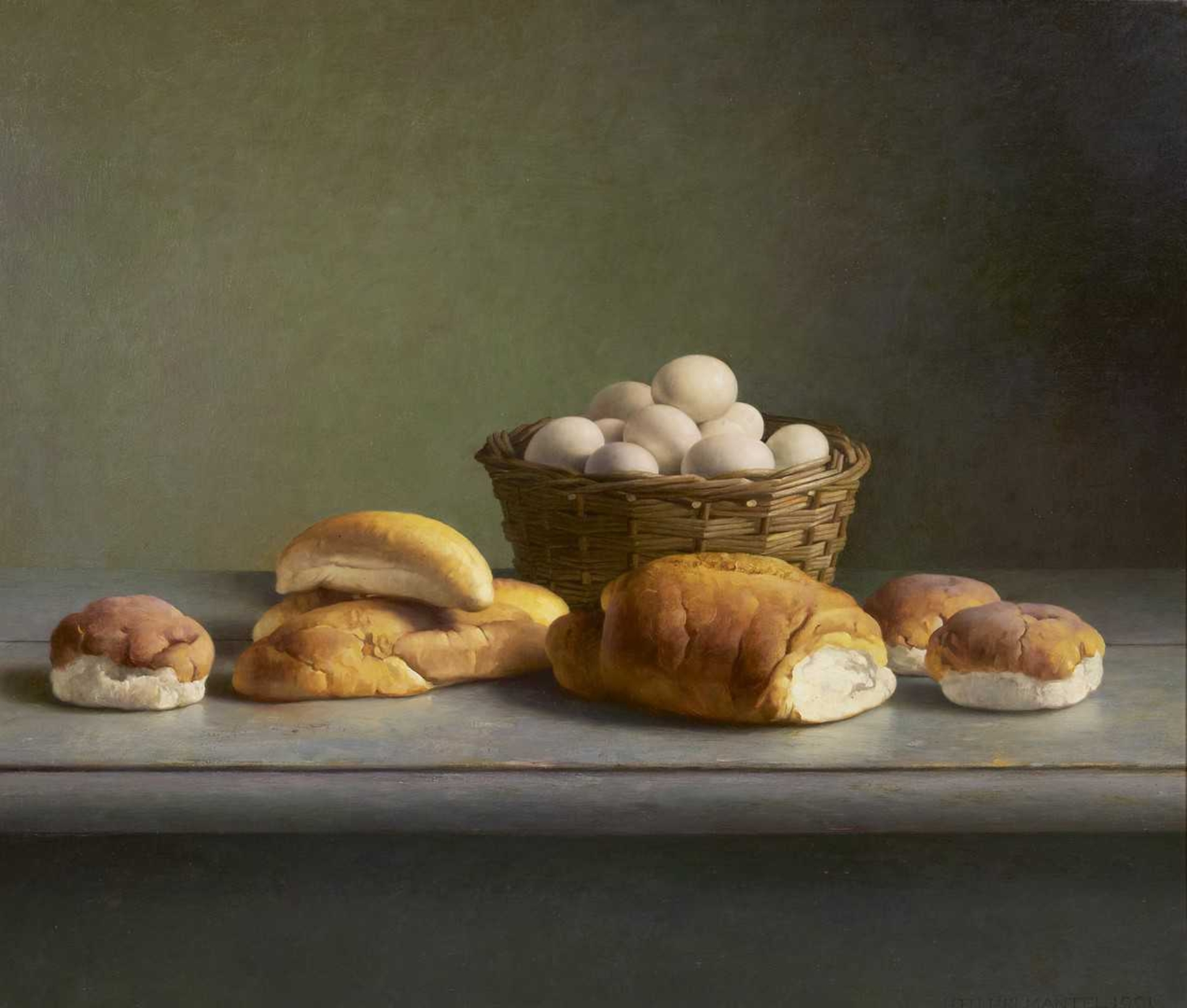 Henk Helmantel: Stilleven met brood en eieren in een schaal