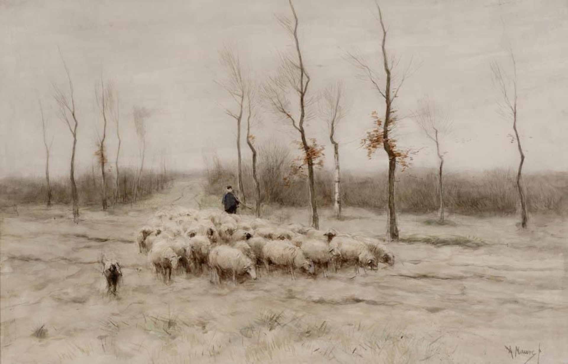 Anton Mauve: Herder met schapen en hond op de Larense hei
