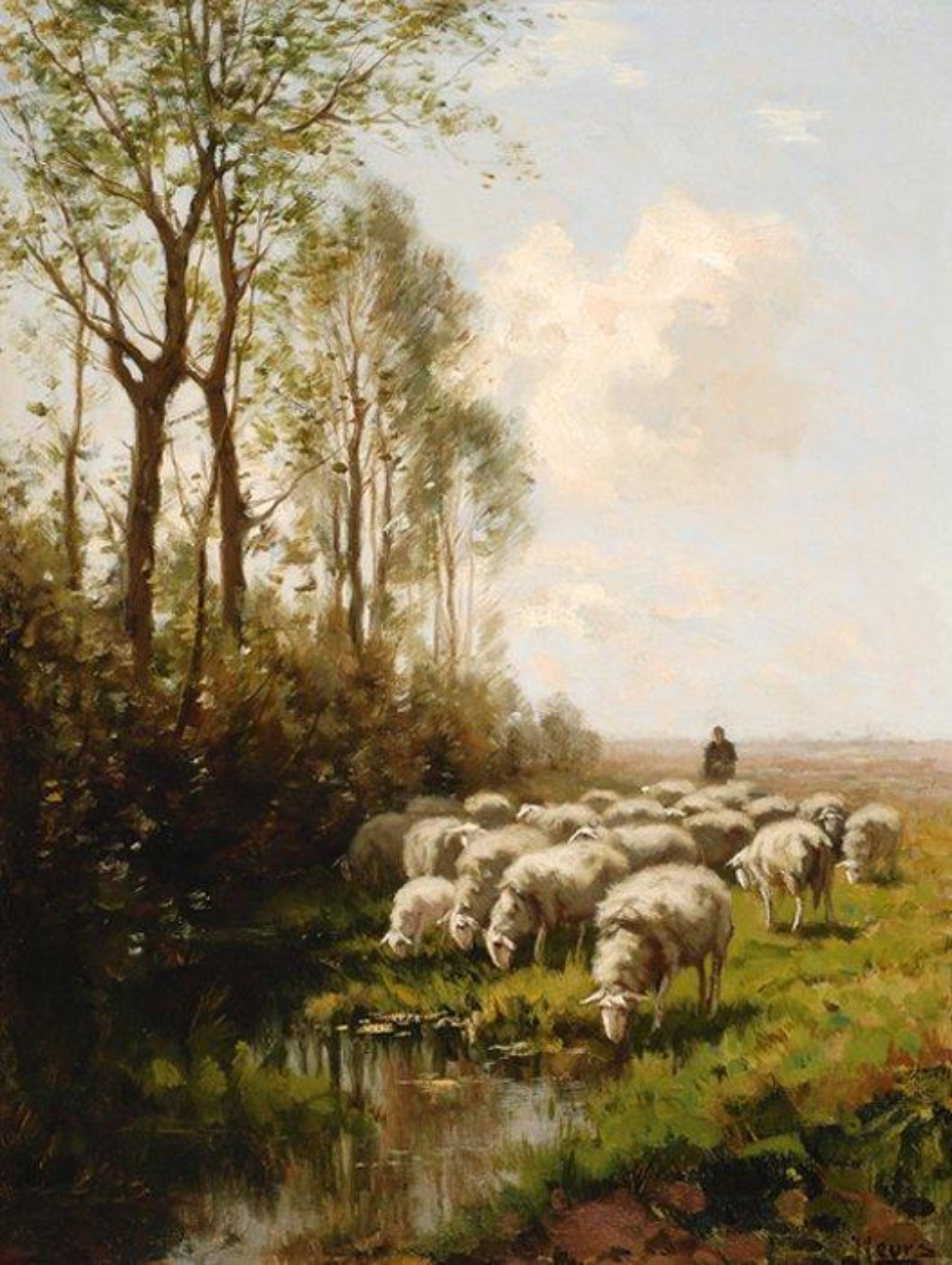 Johannes Leurs: Herder met zijn schapen bij een plas