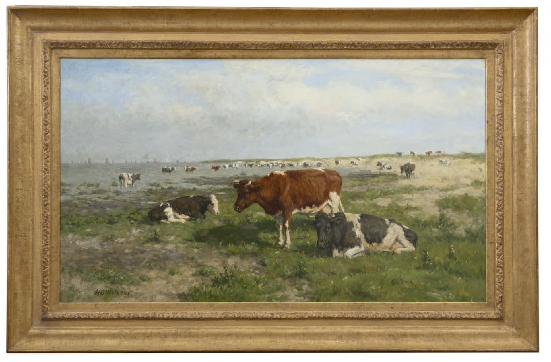 Herman Wolbers: Wadende koeien aan de Zuiderzee (in lijst)