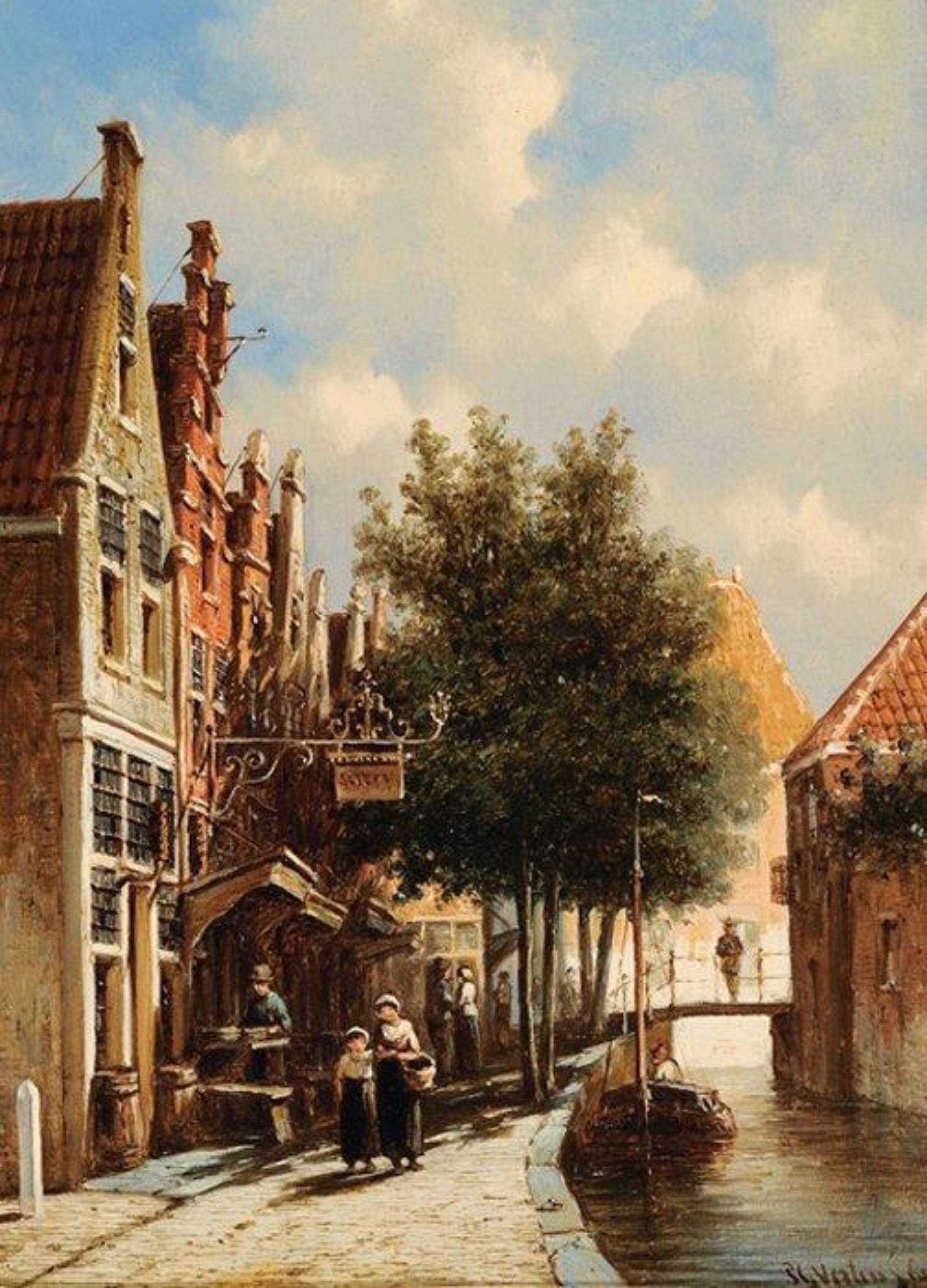 Petrus Gerardus Vertin: Hollands straatje met figuren bij een rivier