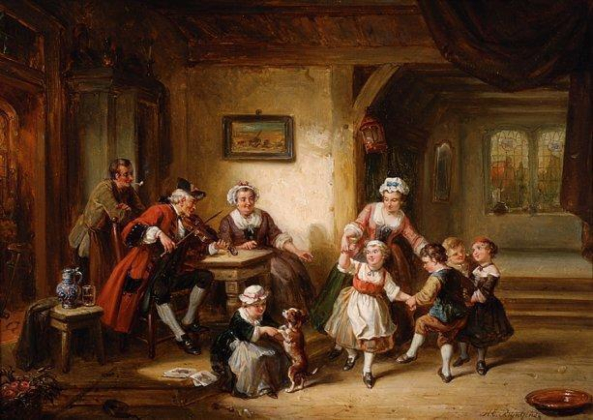 Henricus Engelberts Reijntjens: Interieur met dansende kinderen