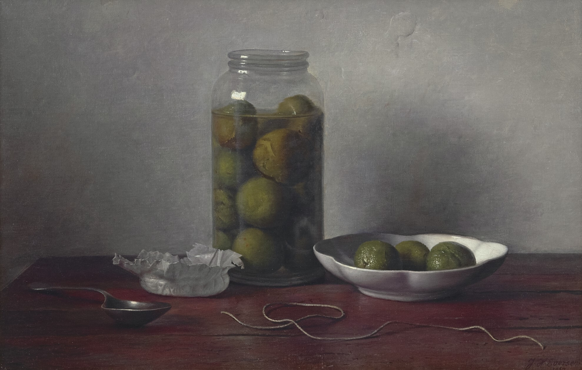 Johannes Hendrik Eversen: Stilleven met groene walnoten in een glazen vaas