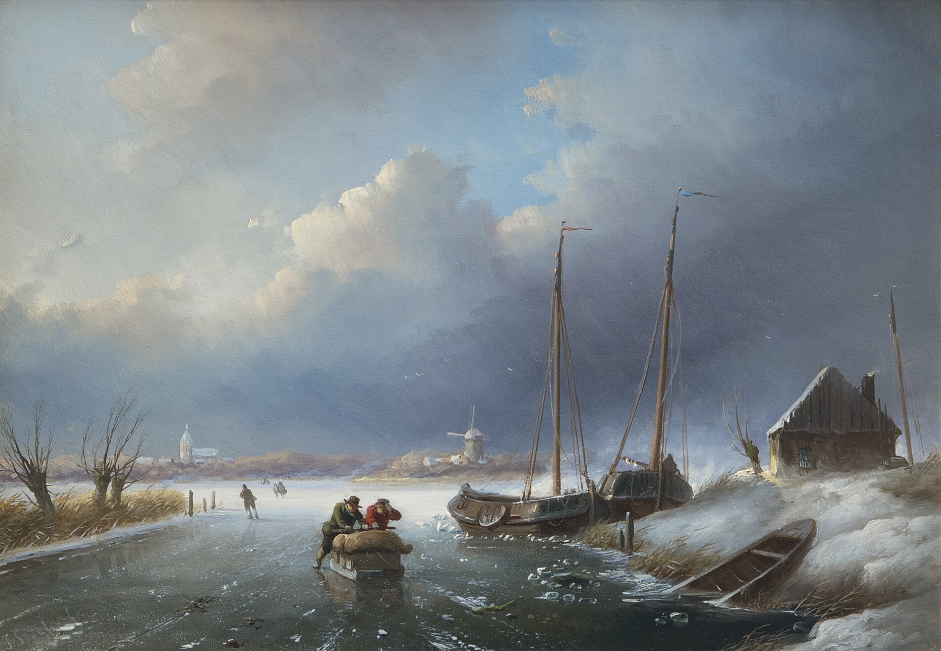 Jan Jacob Spohler: IJsgezicht met schaatsers en duwslee