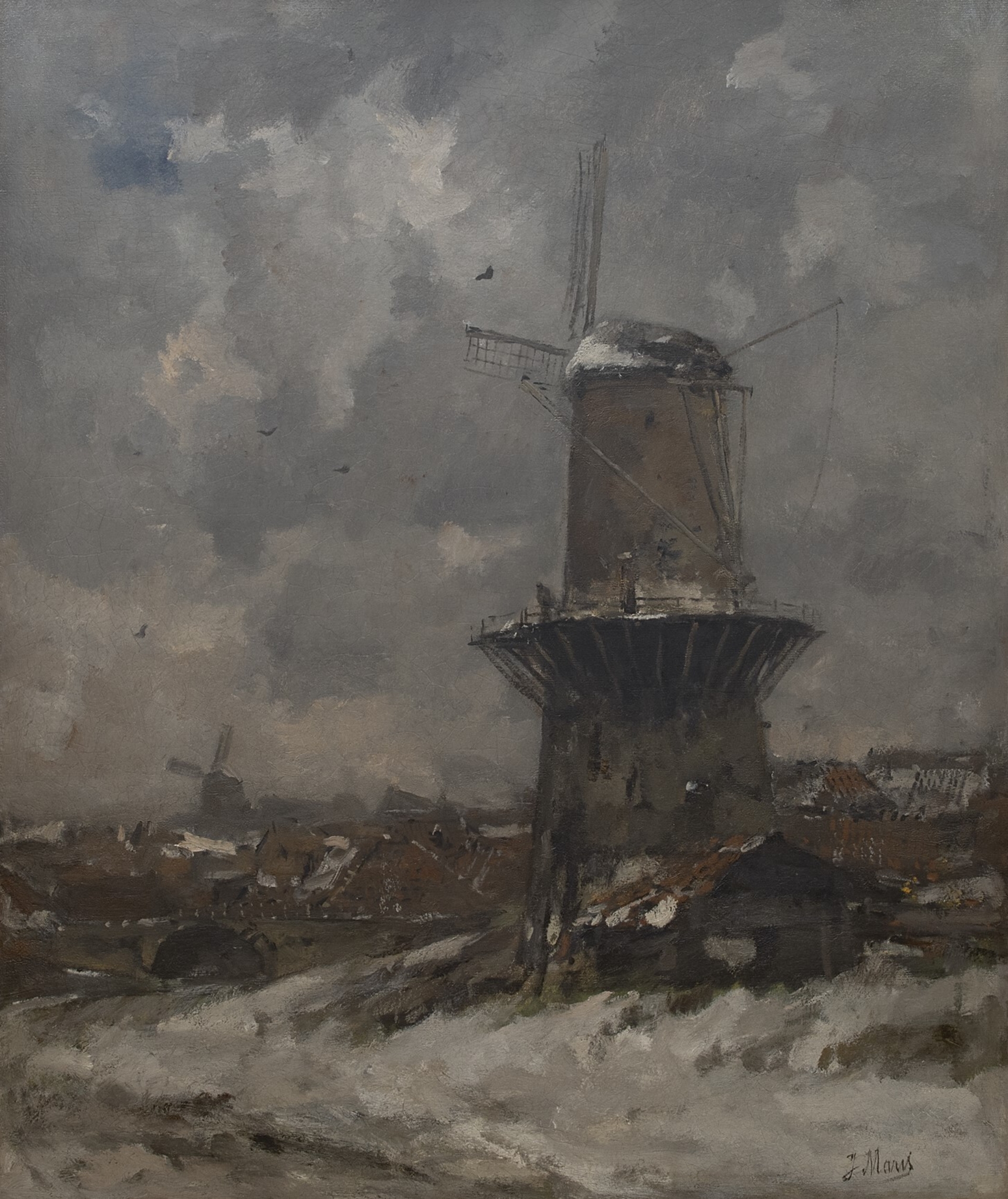 Jacob Maris: Stellingmolen in een besneeuwd landschap