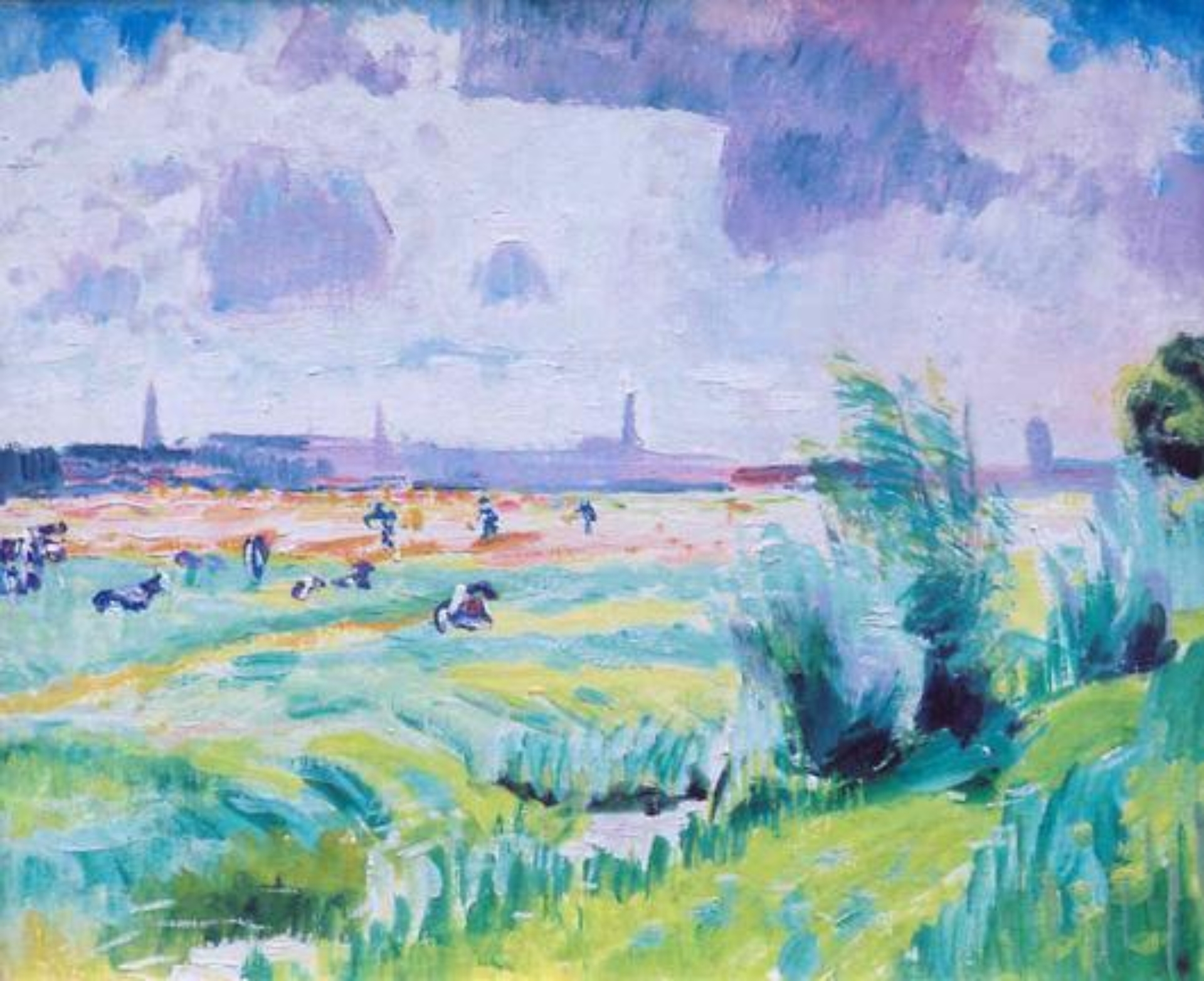 Jan Altink: Koeien in een zomers landschap met Groningen in het verschiet