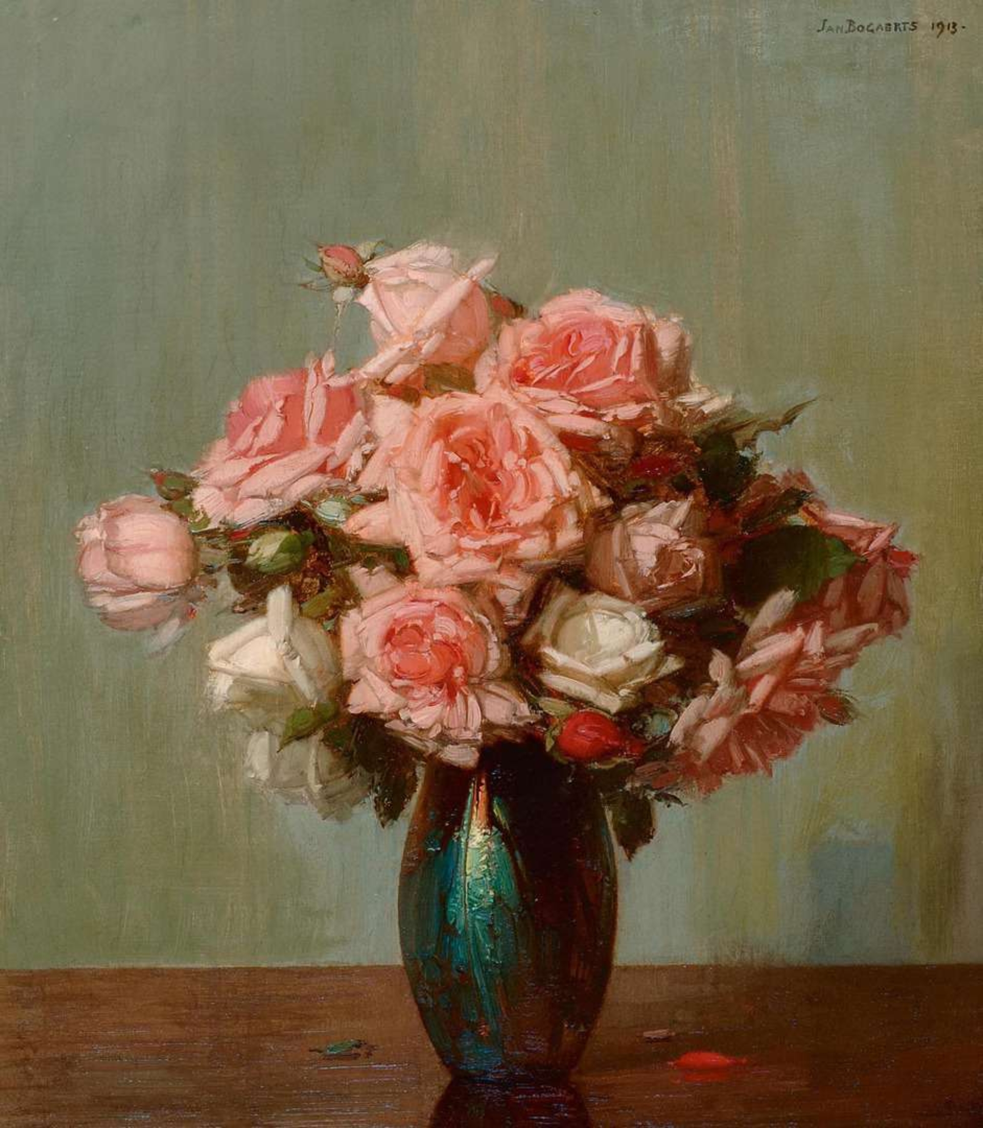 Jan Bogaerts: Roze roosjes in een vaas