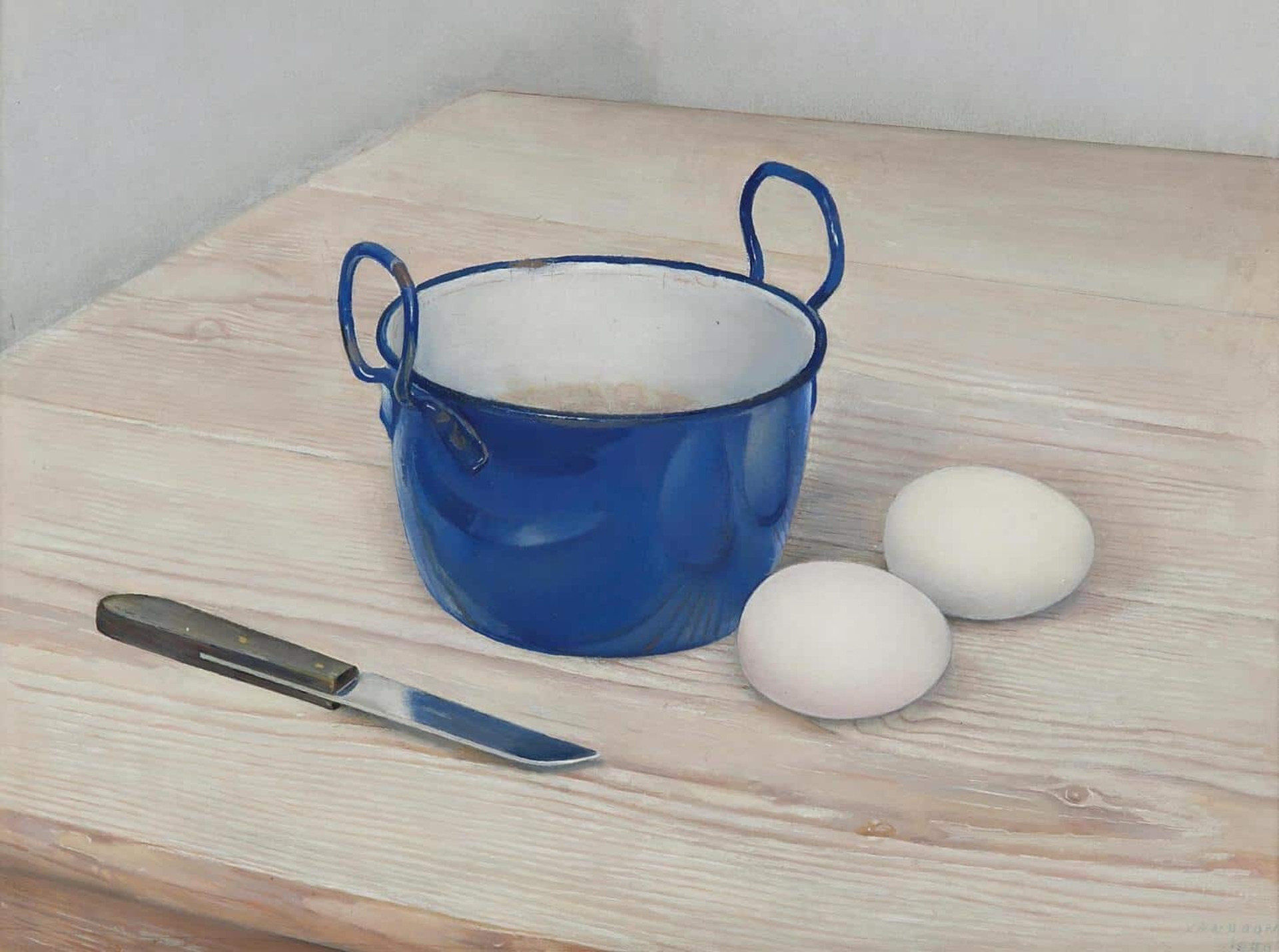 Jan Boon: Stilleven met eieren, mes en blauw emaille pannetje