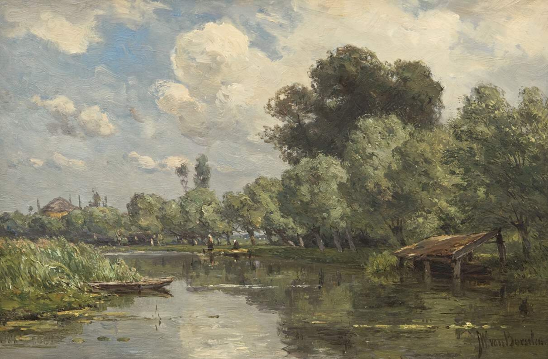 Jan Willem van Borselen: Rivierlandschap met boothuisje