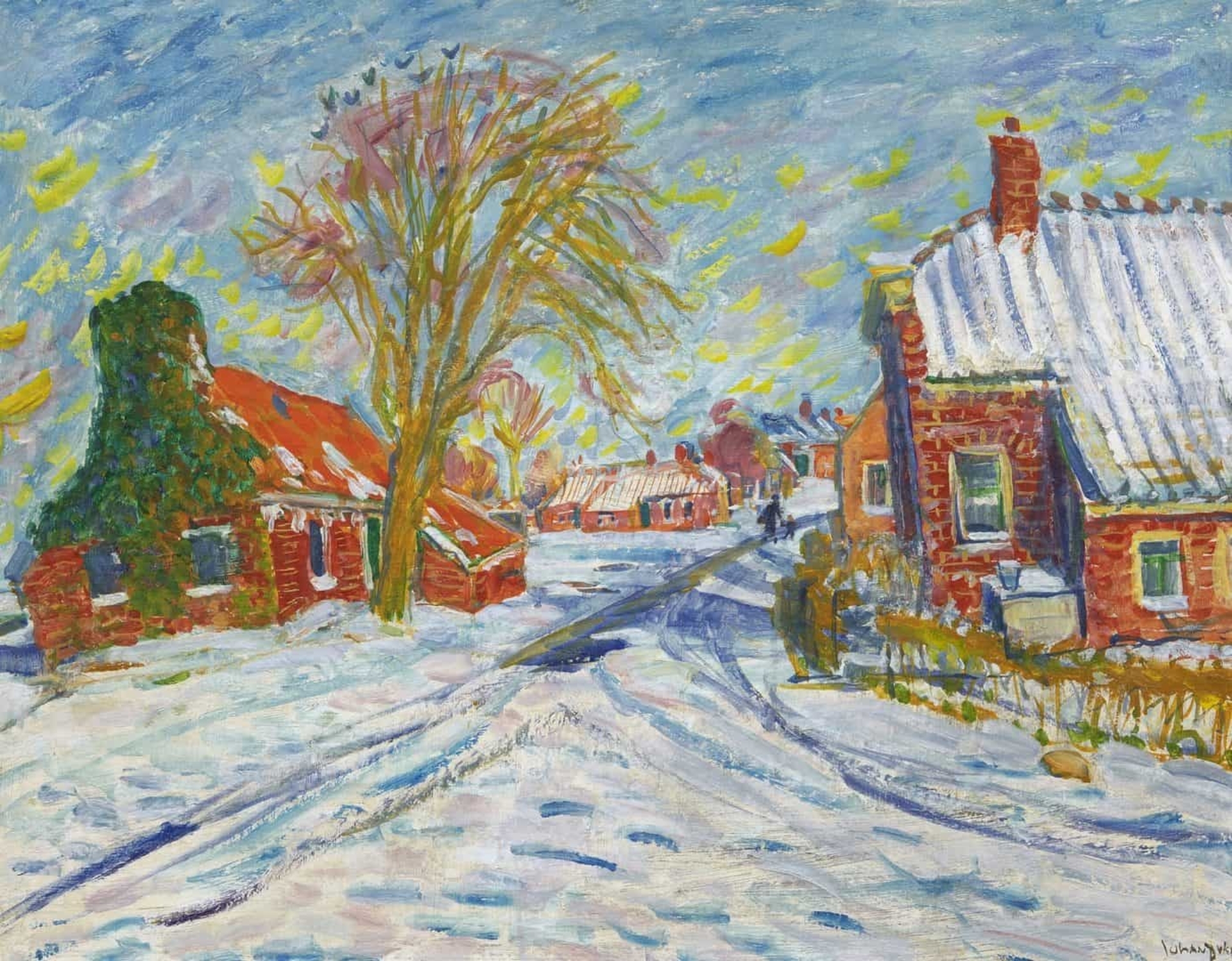 Johan Dijkstra: Winters straatje in Sint Annen