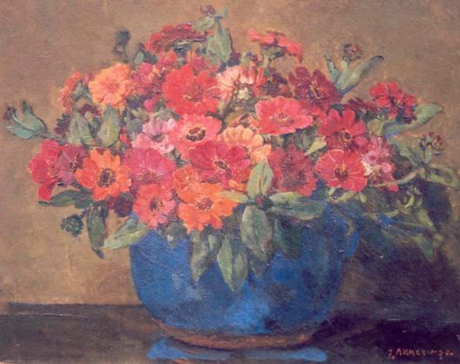 Johannes Evert Hendrik Akkeringa: Kleurrijk boeket in blauwe pot