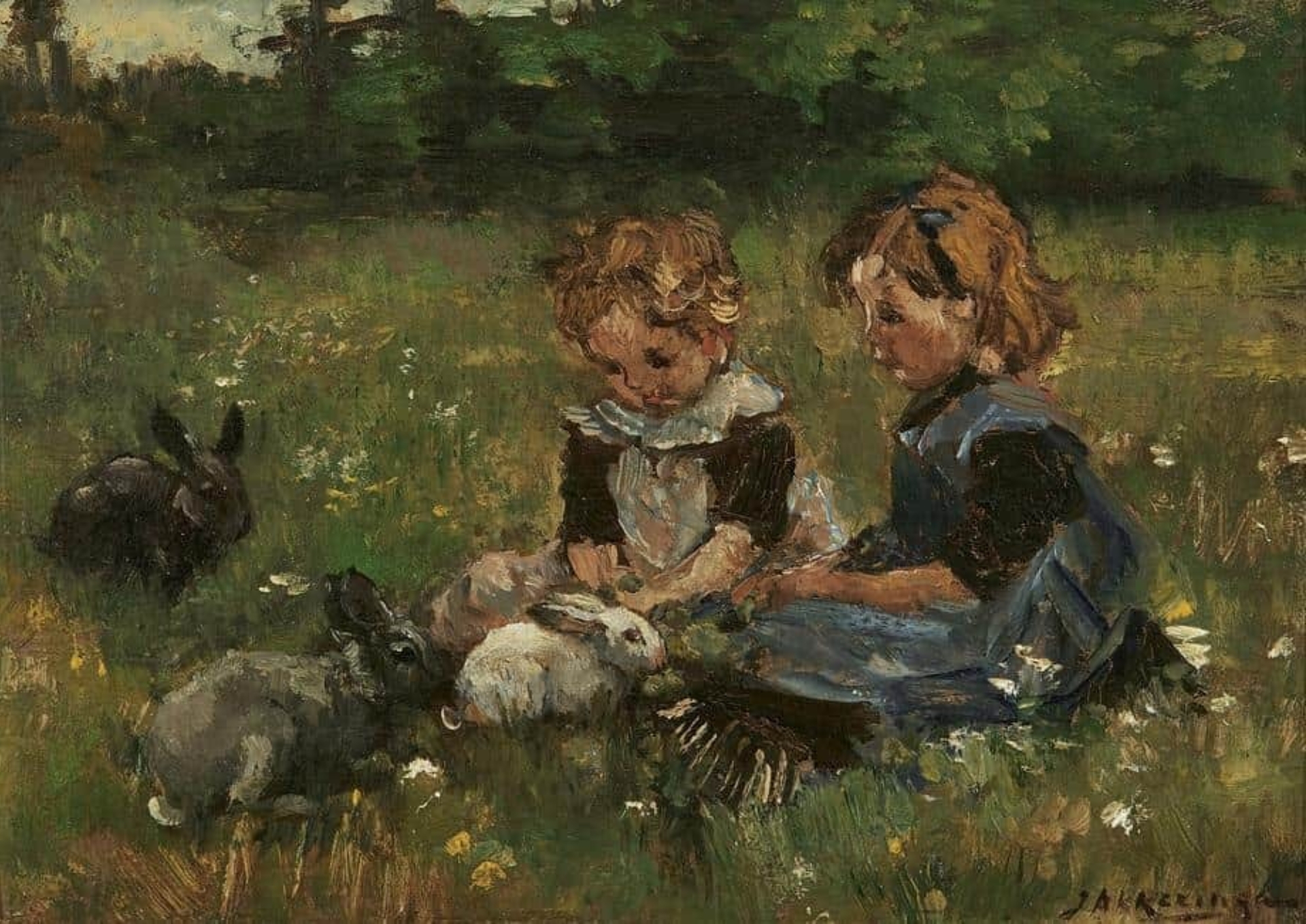 Johannes Evert Hendrik Akkeringa: Twee meisjes spelen met hun konijntjes