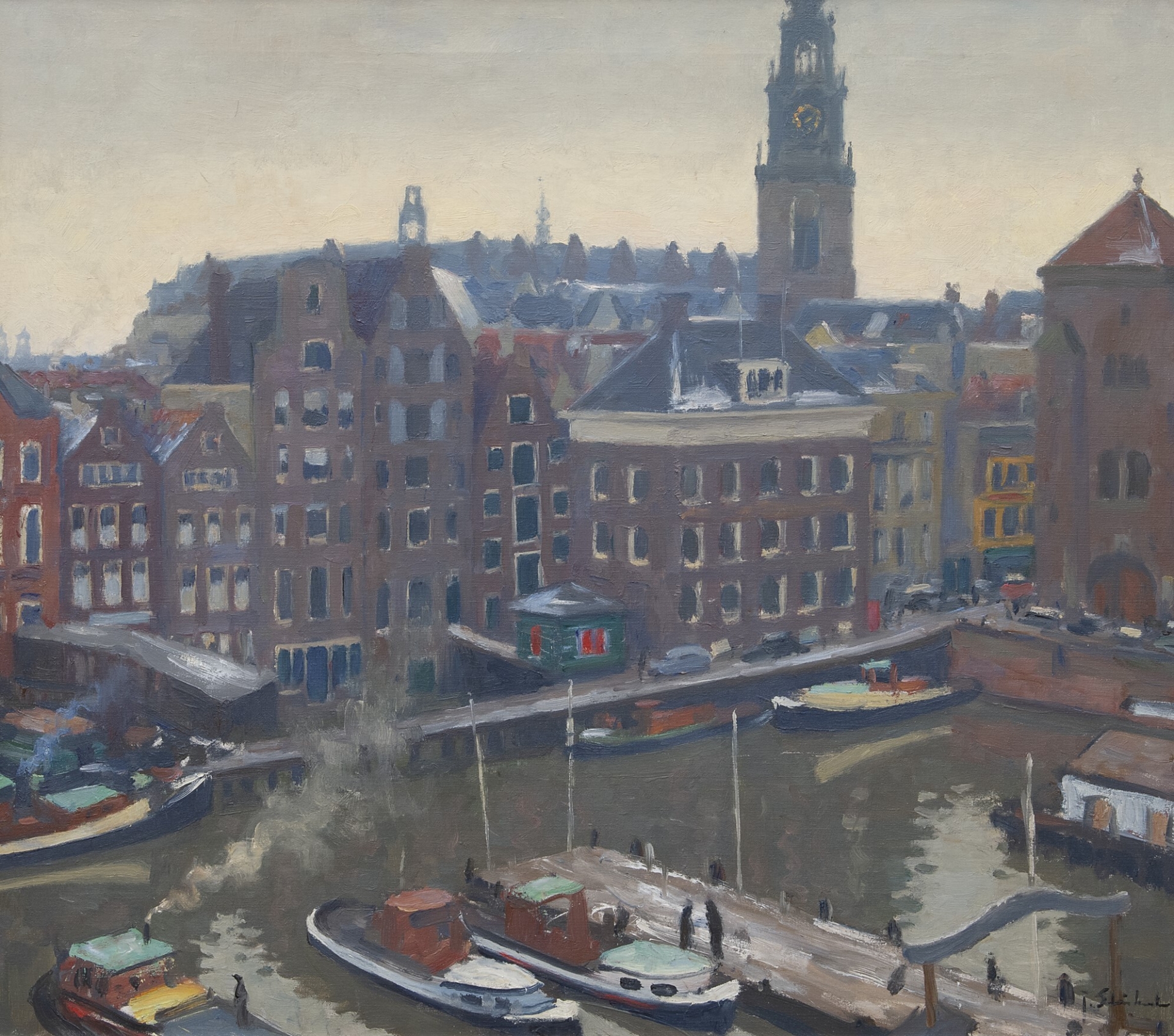Joop Stierhout: Gezicht op het Damrak te Amsterdam