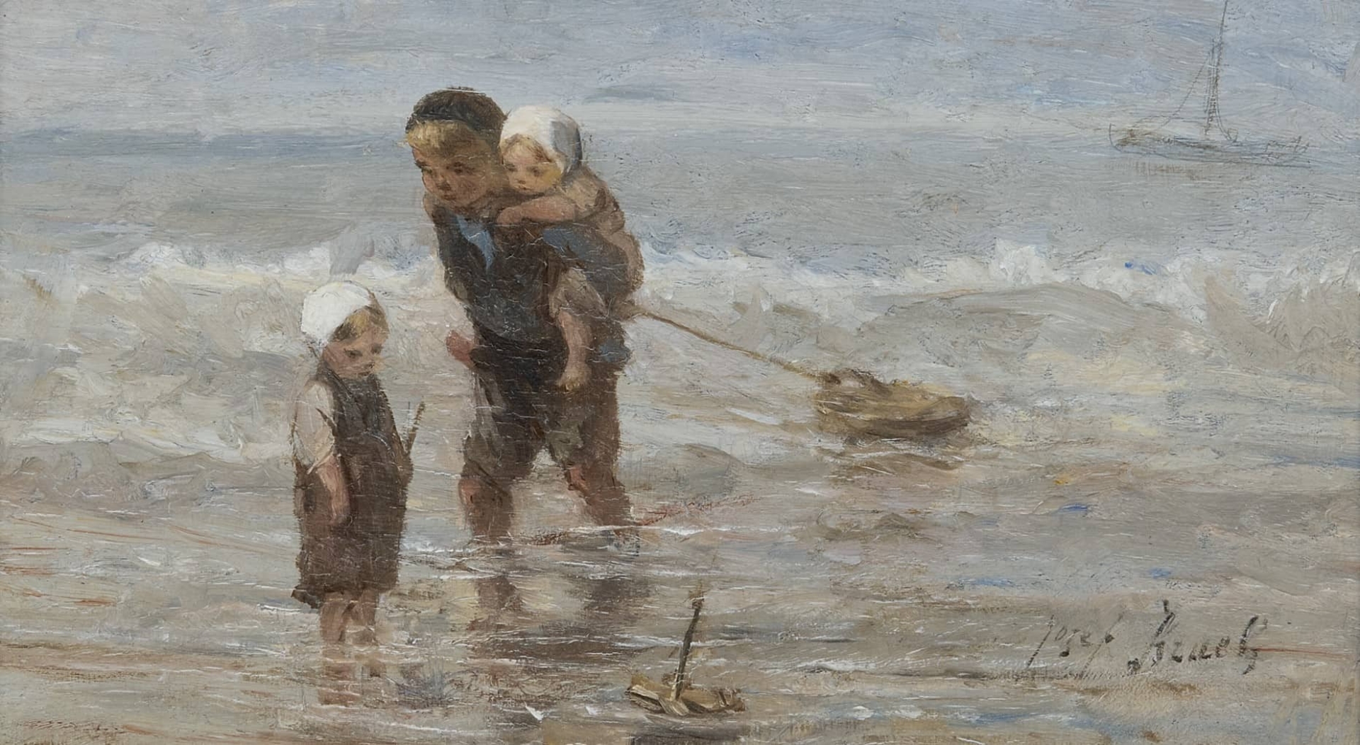 Jozef Israëls: Kinderen met een speelgoedbootje op het strand in ondiep water