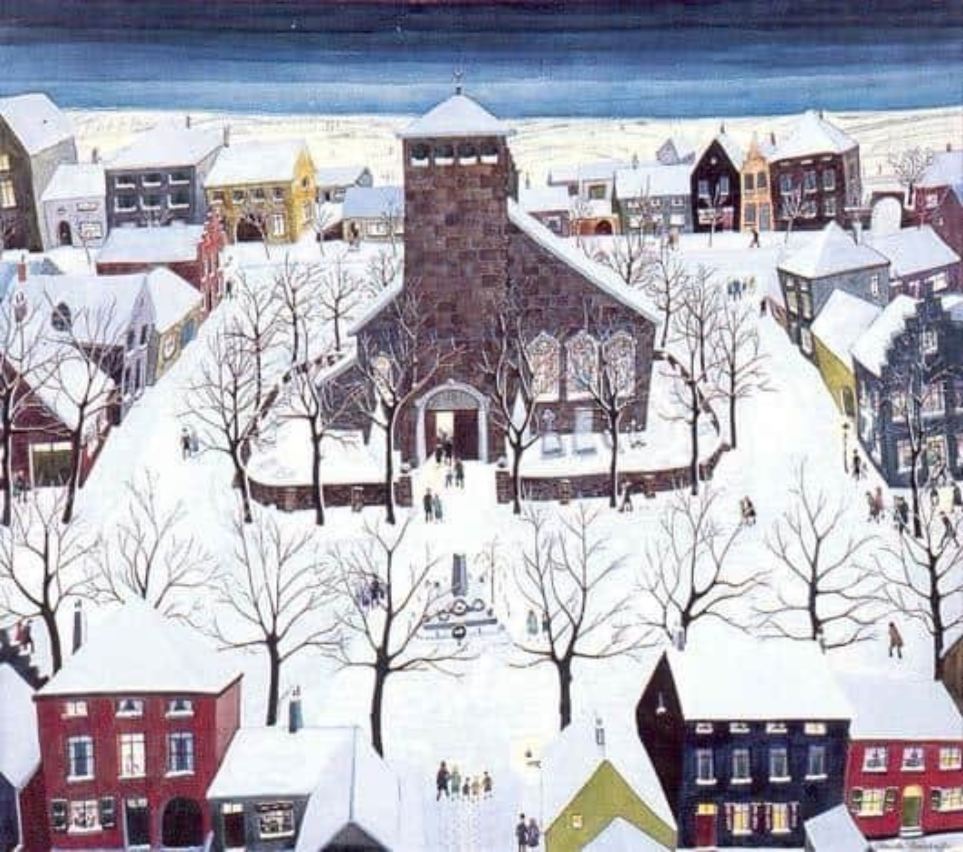 Claude Nanreff: Kerkgang in de winter met vele figuren