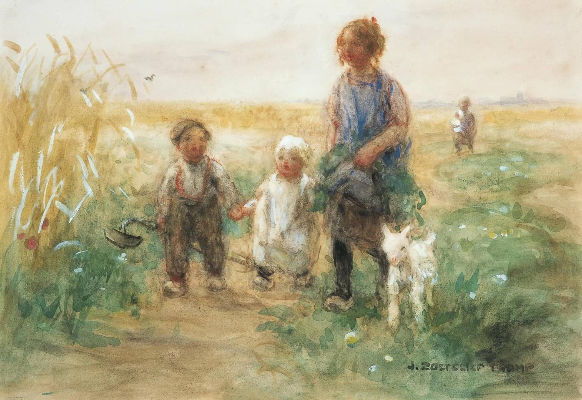 Jan Zoetelief Tromp: Kinderen met hun lammetje op weg naar huis