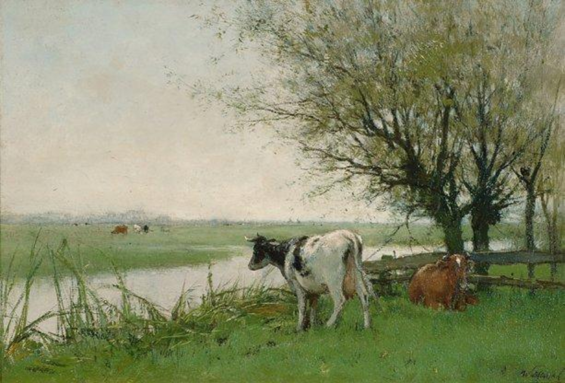 Willem Maris: Koeien bij een vaart in een zomers polderlandschap