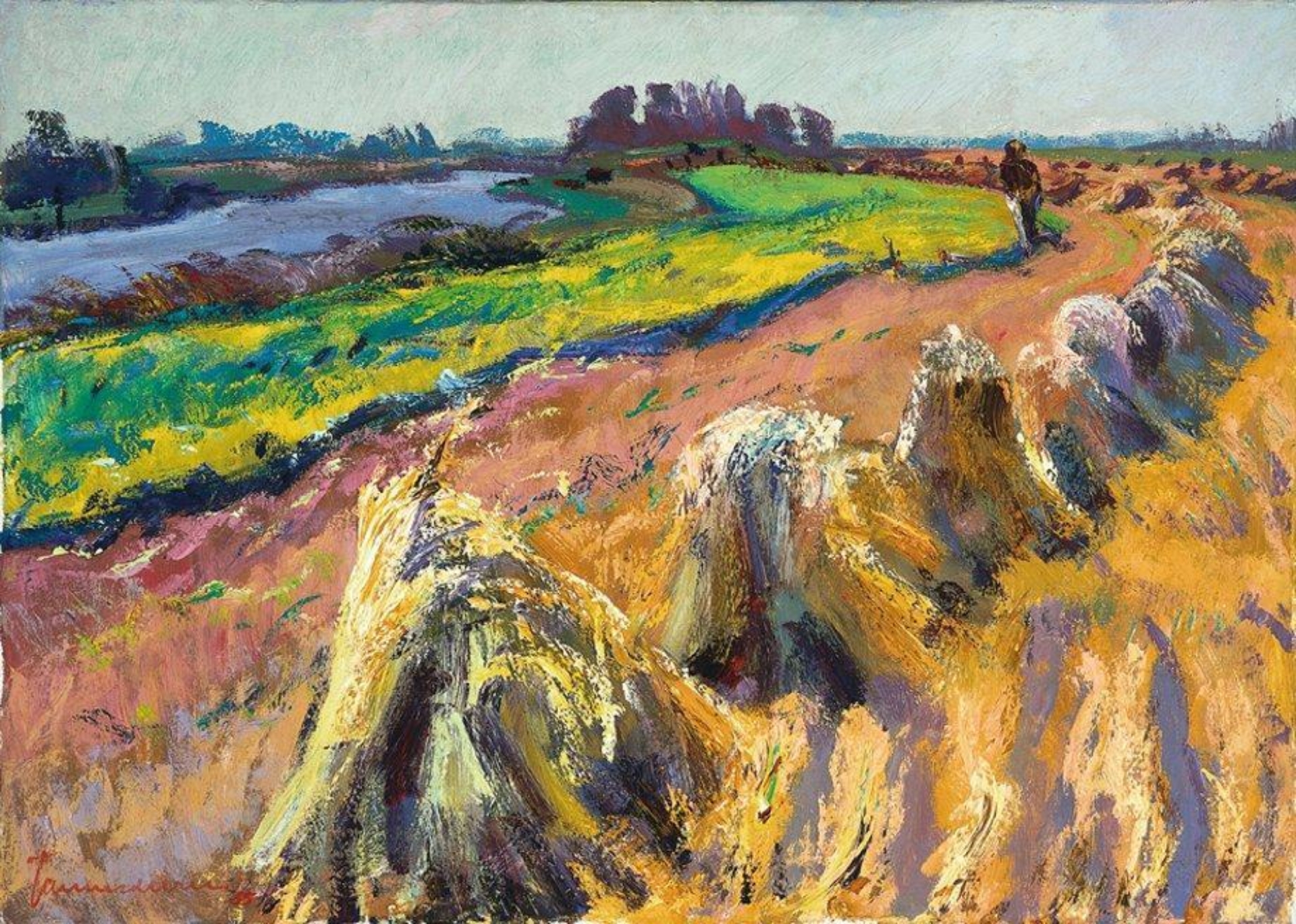 Jannes de Vries: Landschap met korenschoven bij het Reitdiep (omgeving Garnwerd)
