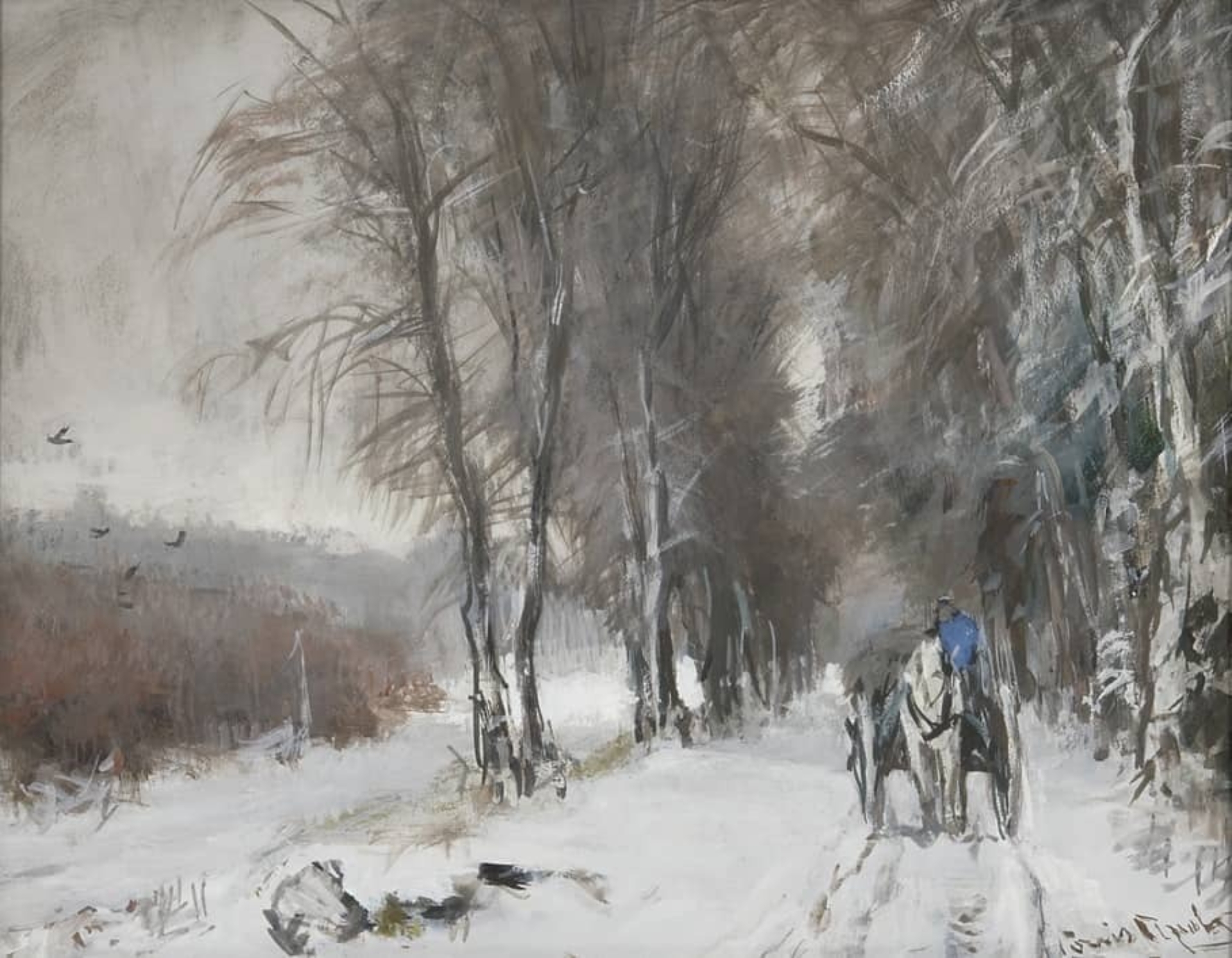 Louis Apol: Besneeuwde laan met paard en wagen