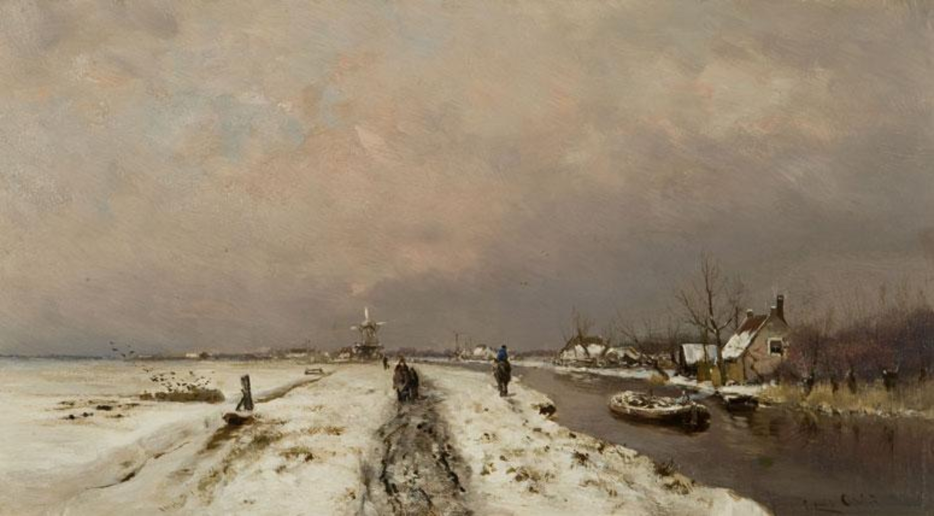 Louis Apol: Besneeuwd landschap met wandelaars langs een vaart