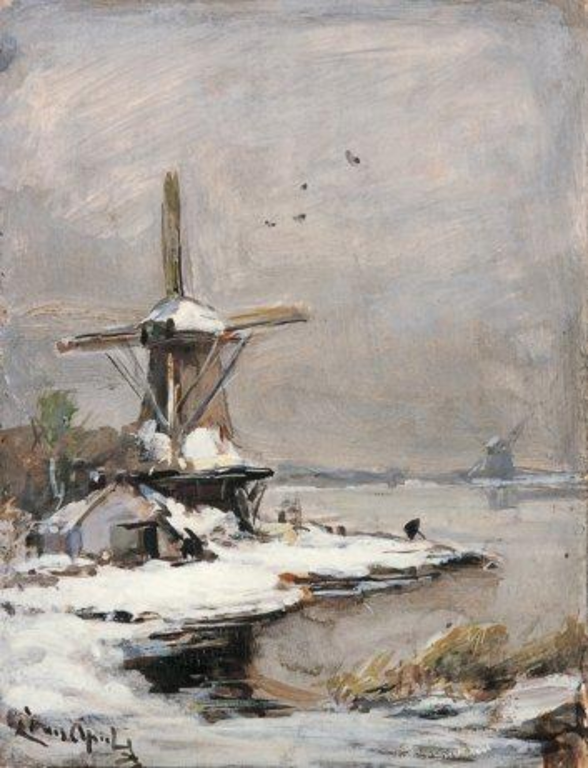 Louis Apol: Visser bij een molen in een winters polderlandschap